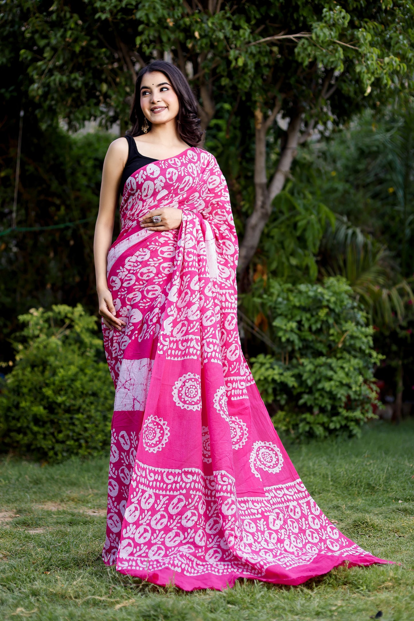 Pink Batik Printed Pure Cotton Saree