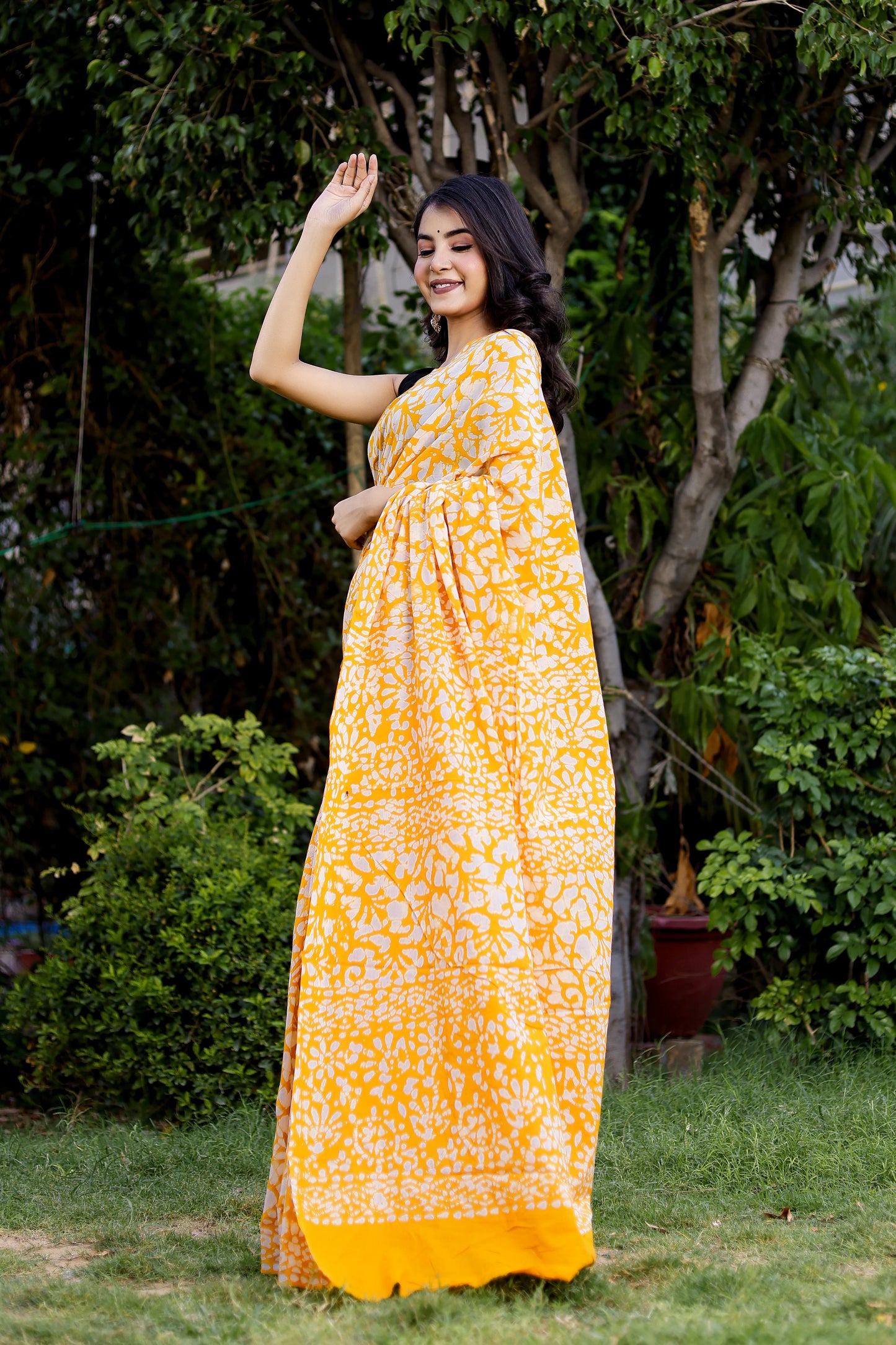 Bright Yellow Batik Printed Pure Cotton Saree