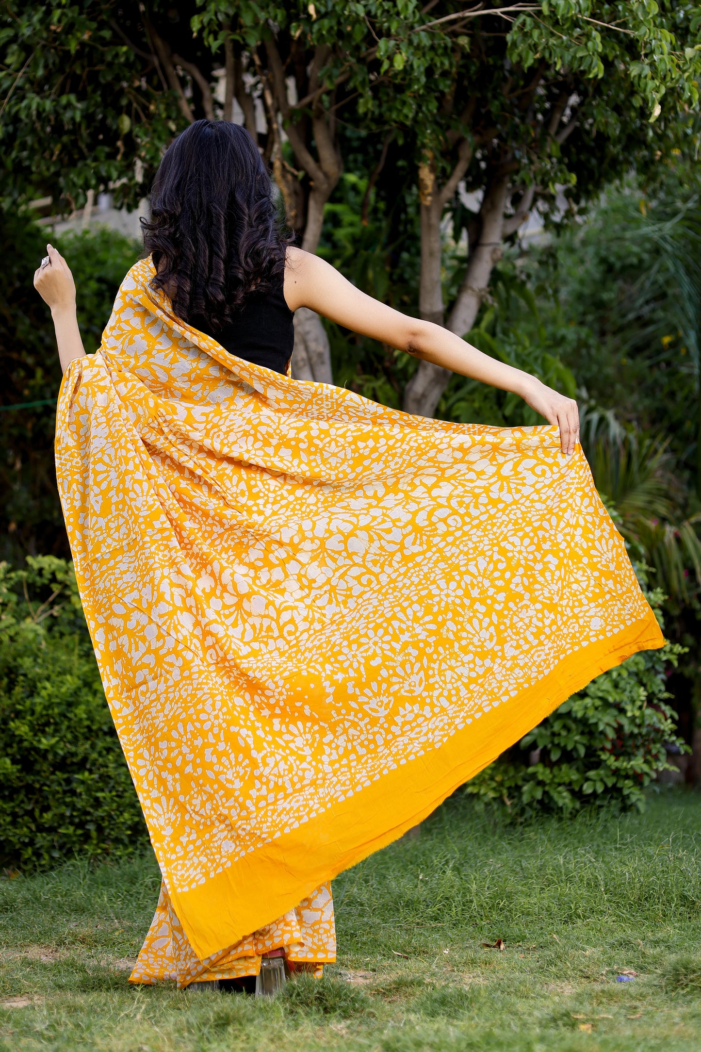 Bright Yellow Batik Printed Pure Cotton Saree