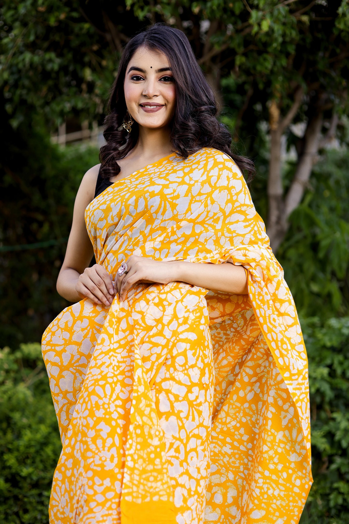 Bright Yellow Batik Printed Pure Cotton Saree