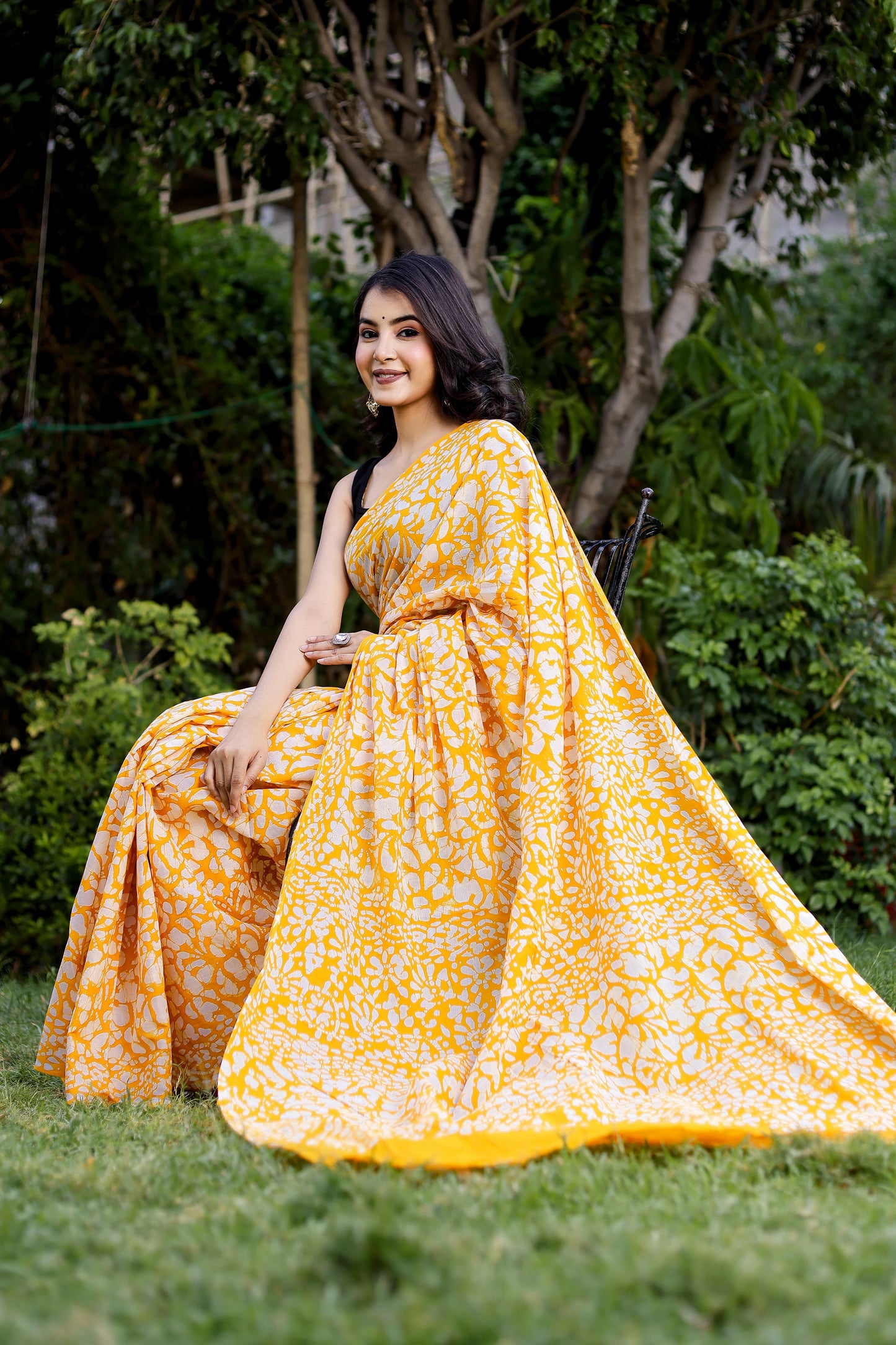 Bright Yellow Batik Printed Pure Cotton Saree