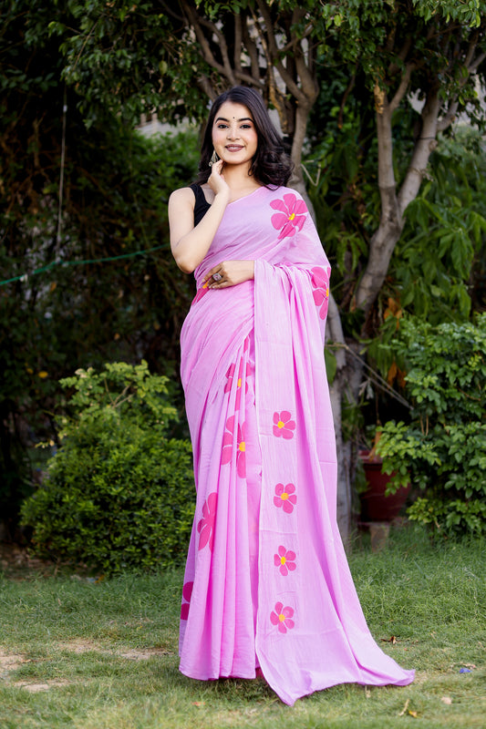 Baby pink flowers hand painted mul cotton saree