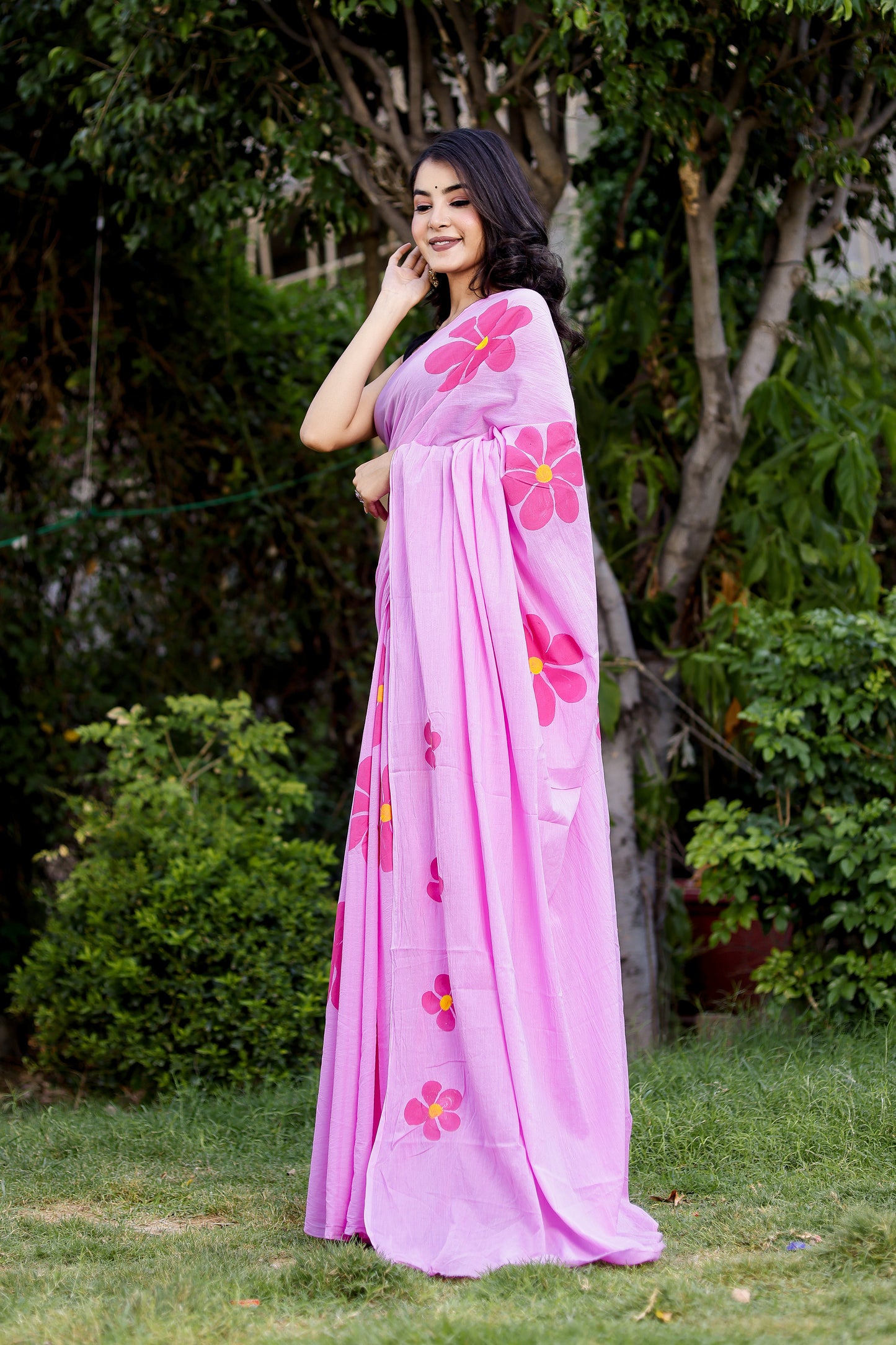 Baby pink flowers hand painted mul cotton saree