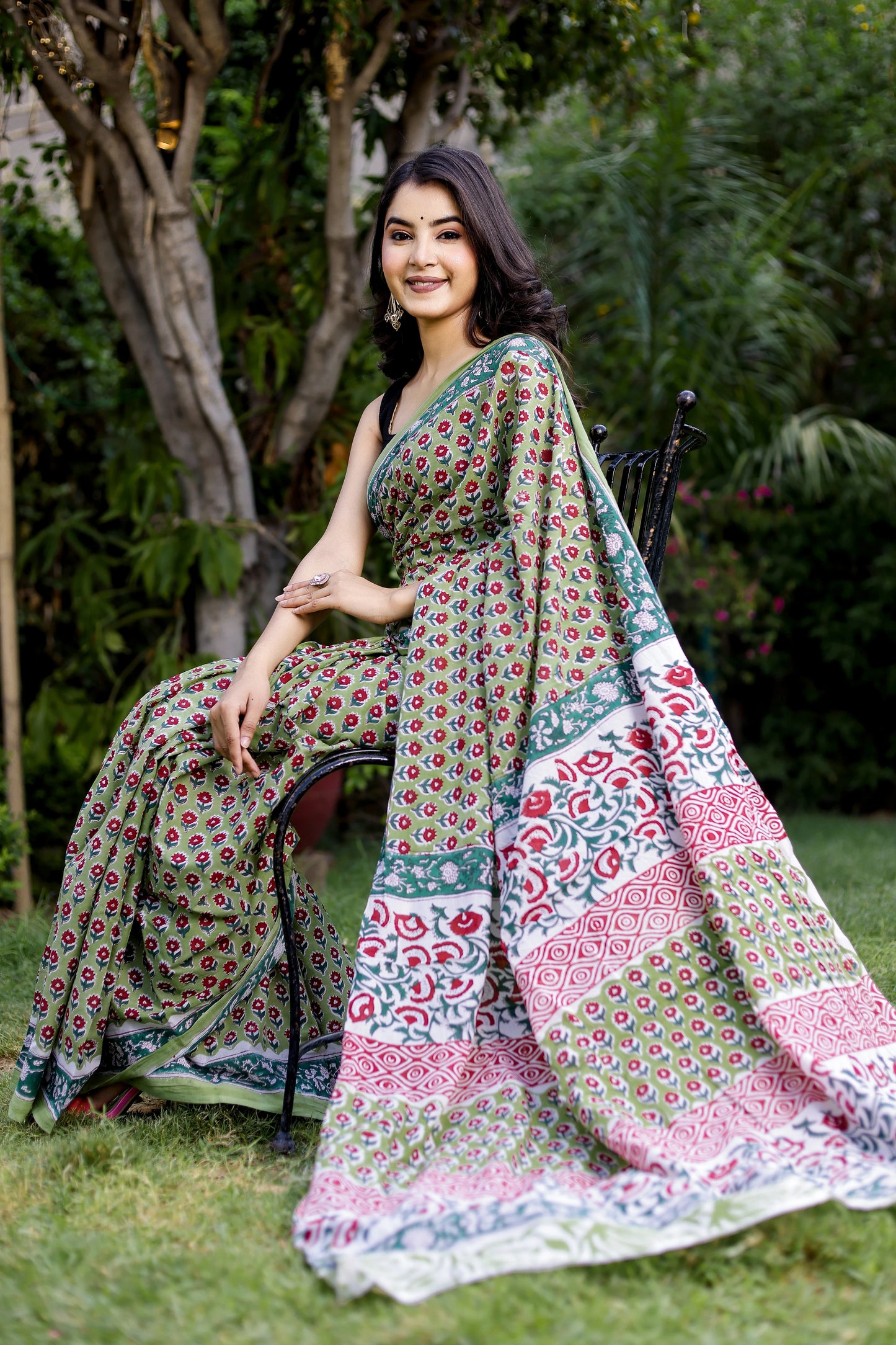 Green bootie Rapid gadh Hand Block Print Pure Cotton Saree