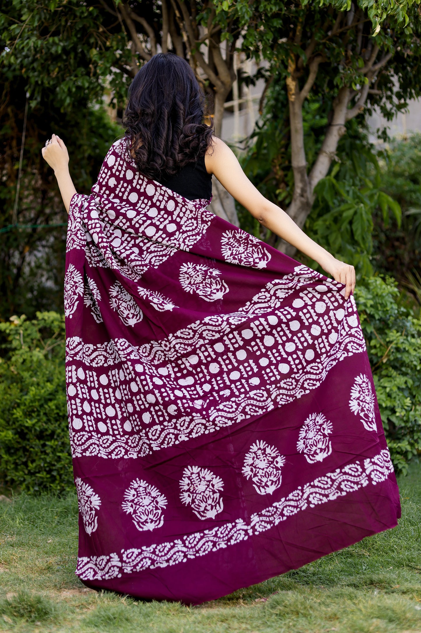 Wine Batik Hand Block Print Pure Cotton Saree