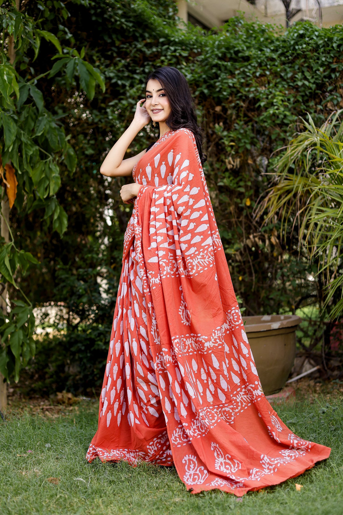 Rust Orange Batik Print Pure Cotton Saree
