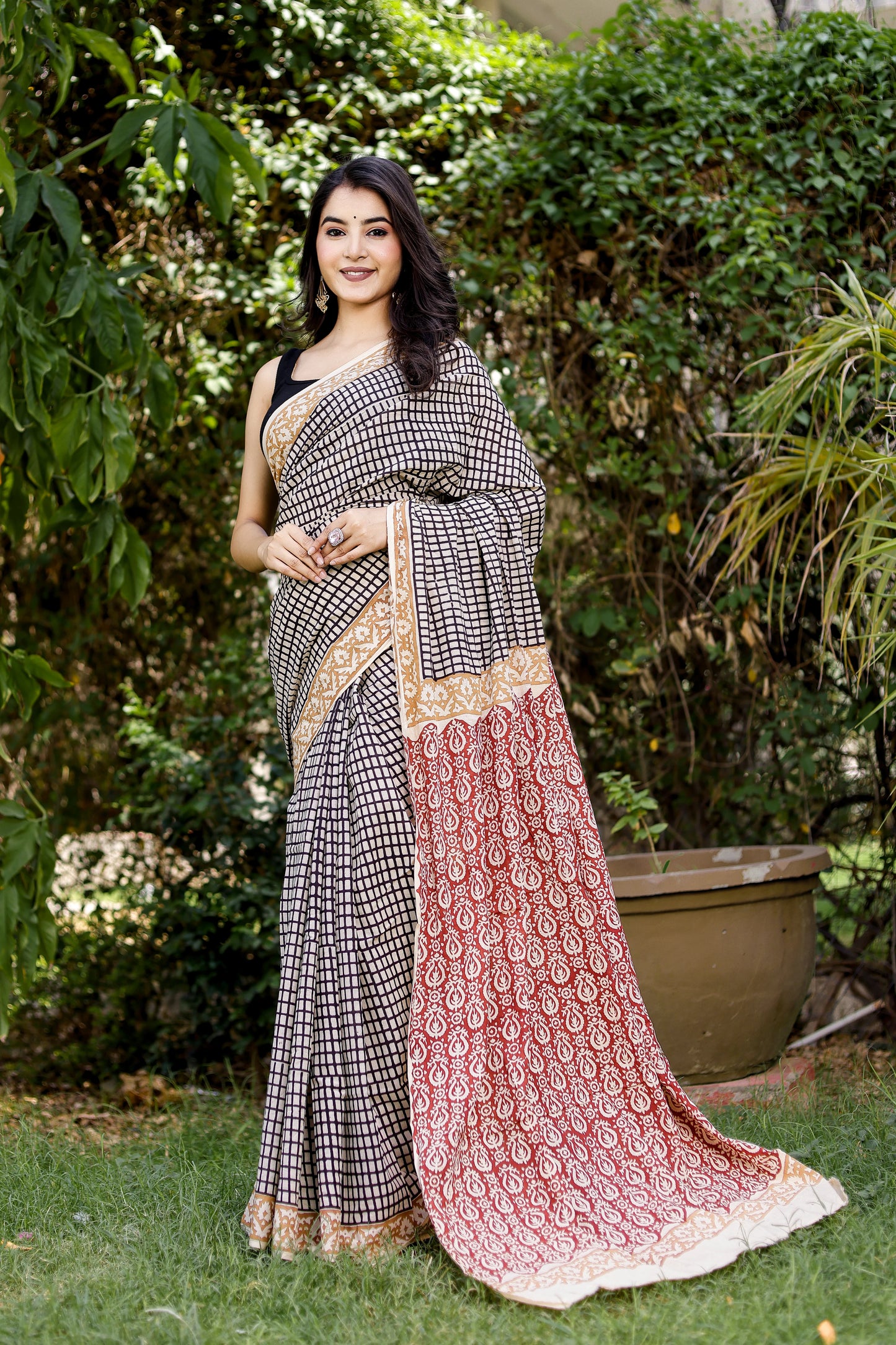Bagru Black color Block Print Pure Cotton Saree