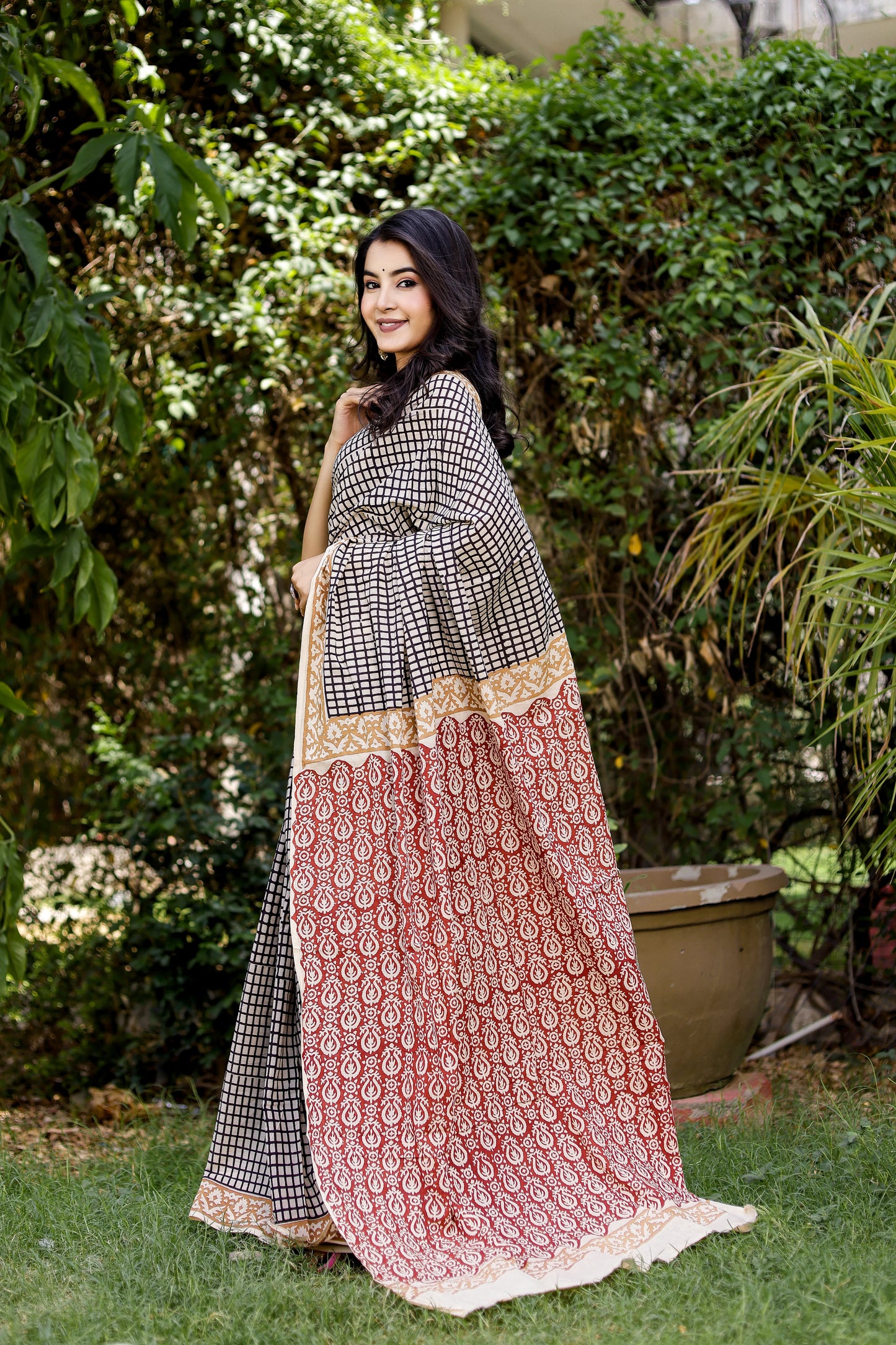 Bagru Black color Block Print Pure Cotton Saree
