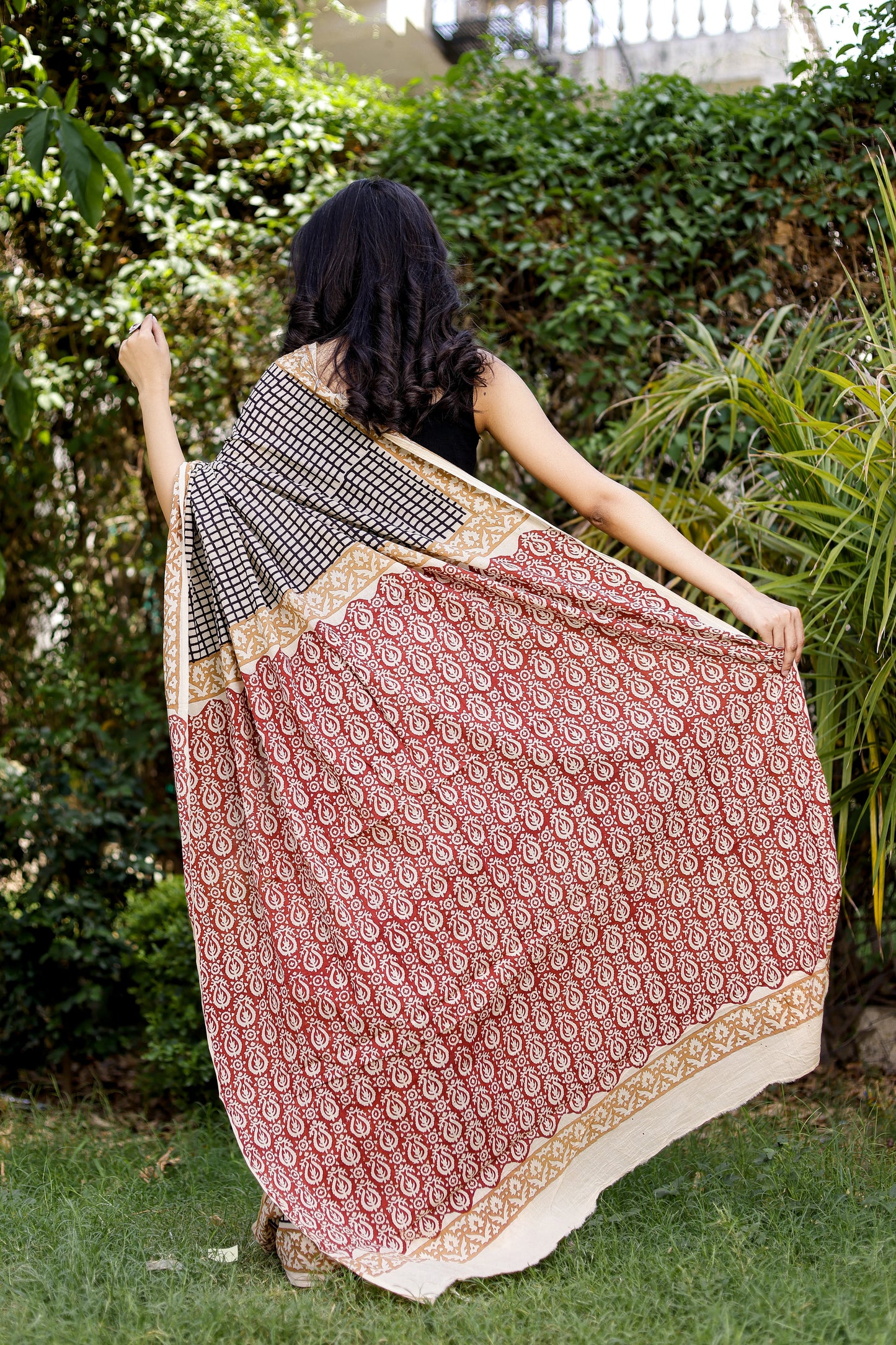 Bagru Black color Block Print Pure Cotton Saree