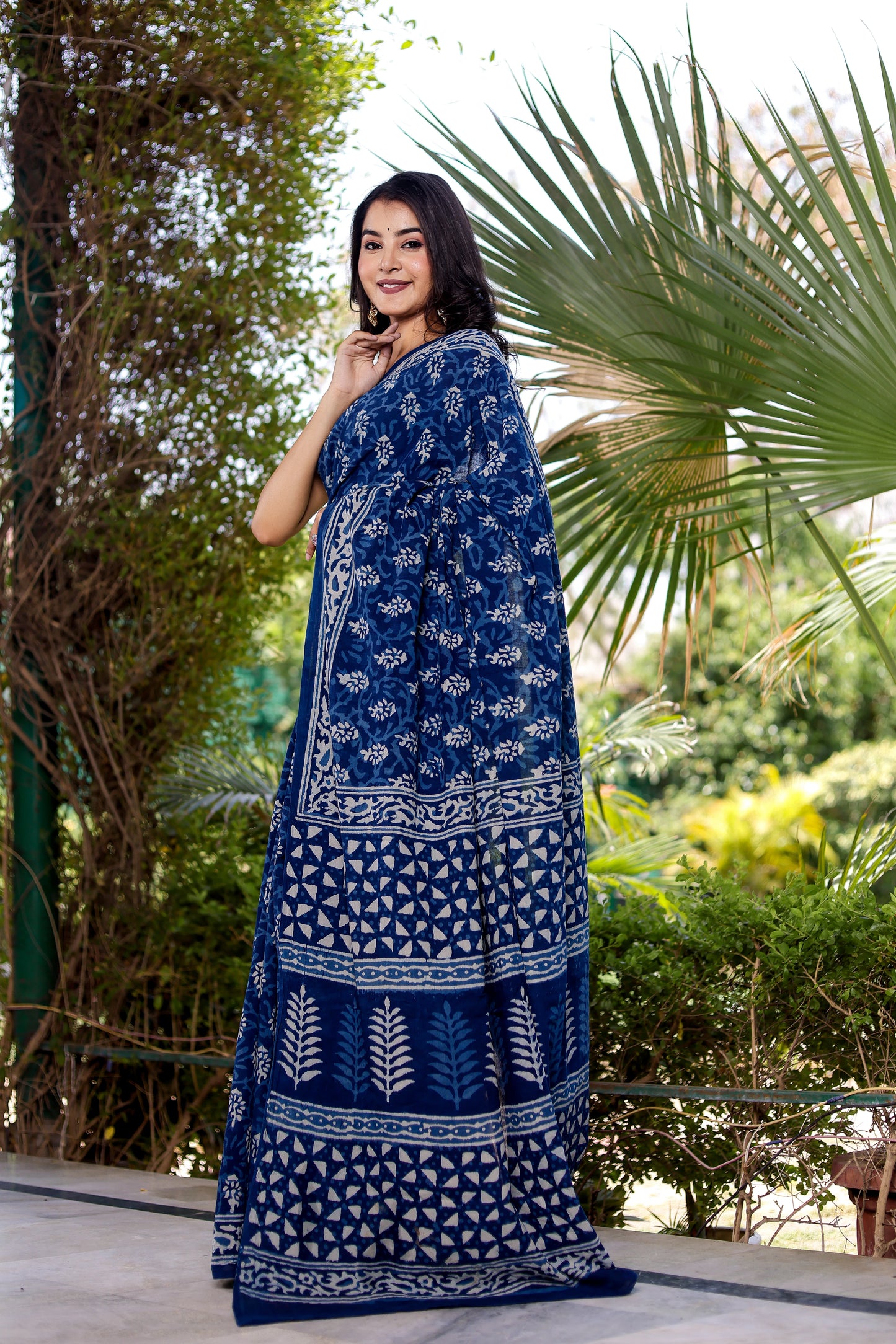 Indigo Daabu Booti Block Print Pure Cotton Saree