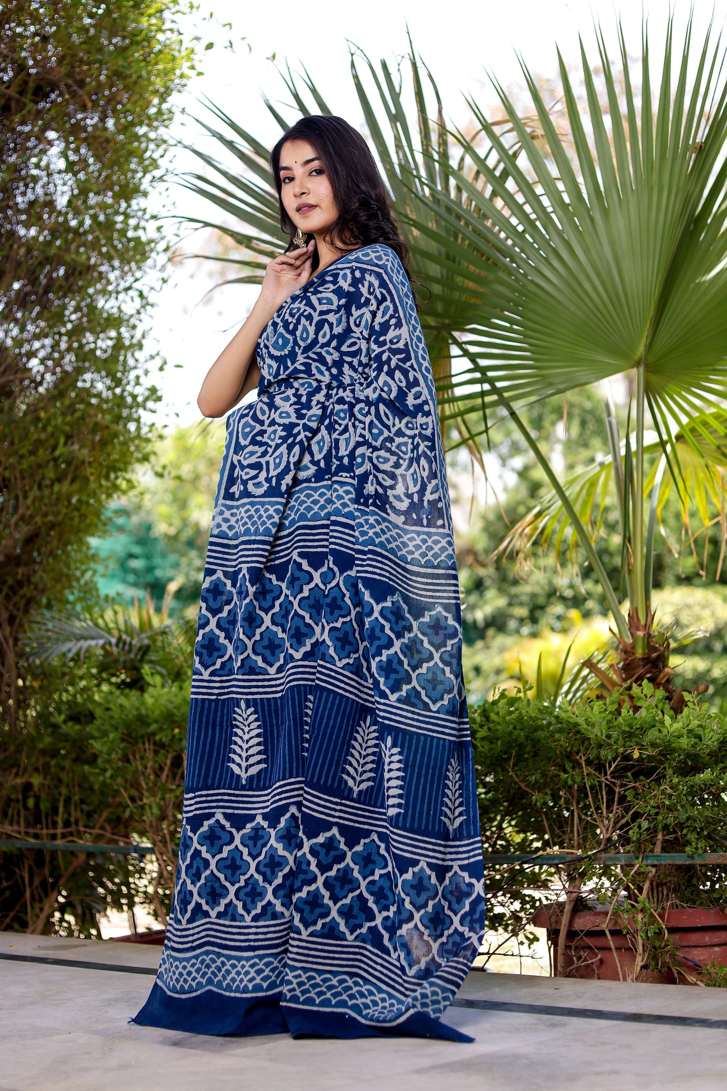 Indigo Floral Block Printed Cotton Saree