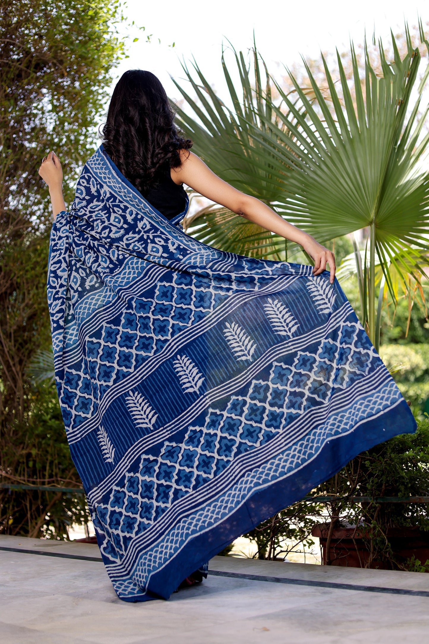 Indigo Lotus Floral Block Printed Cotton Saree