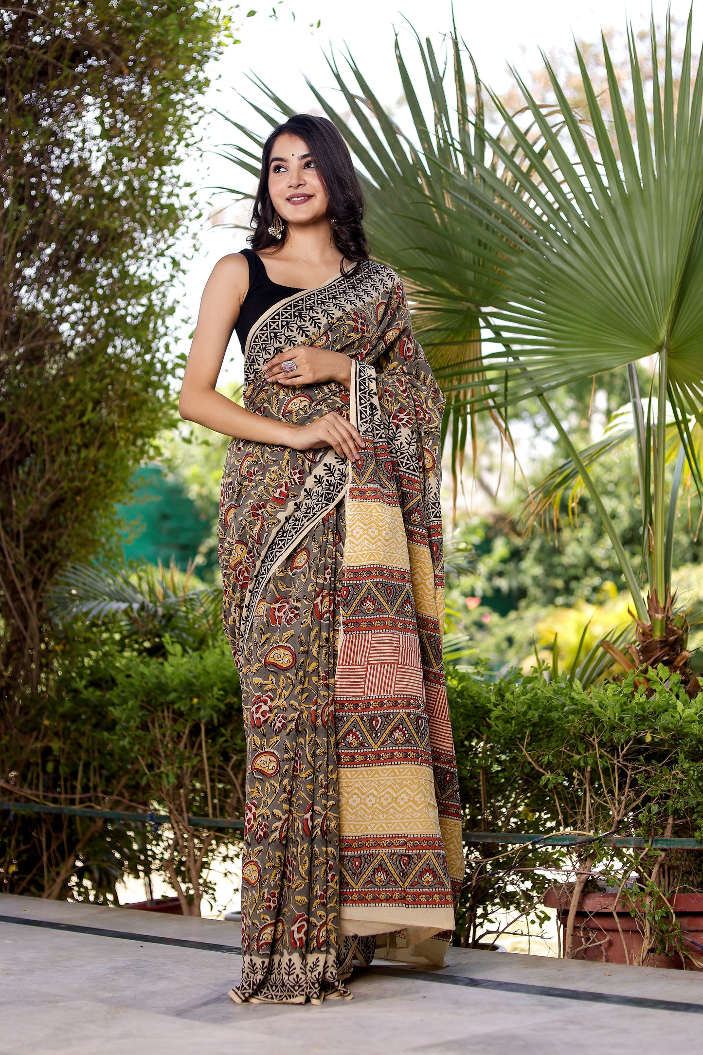 Bagru Gadh kairi Hand Block Printed Cotton Saree