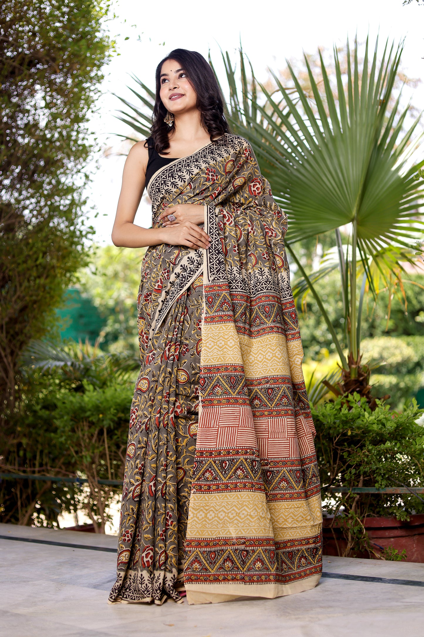 Bagru Gadh kairi Hand Block Printed Cotton Saree