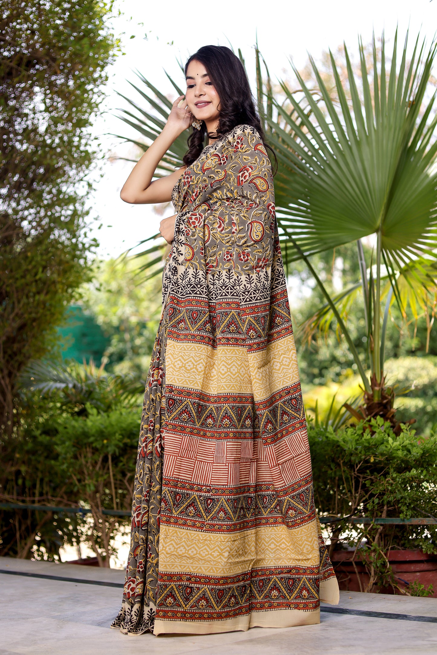Bagru Gadh kairi Hand Block Printed Cotton Saree