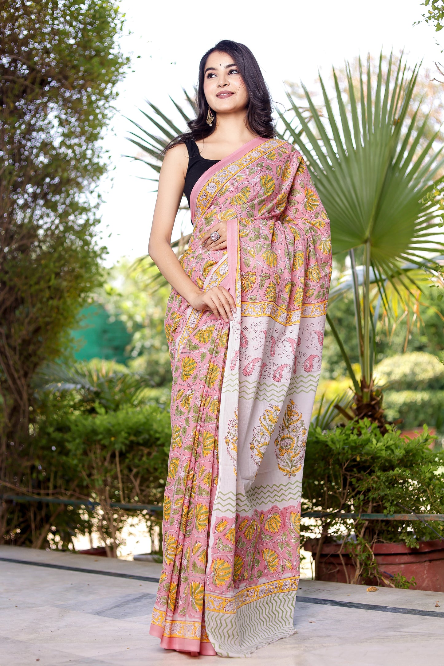 Pink jaal Rapid gadh Hand Block Print Pure Cotton Saree