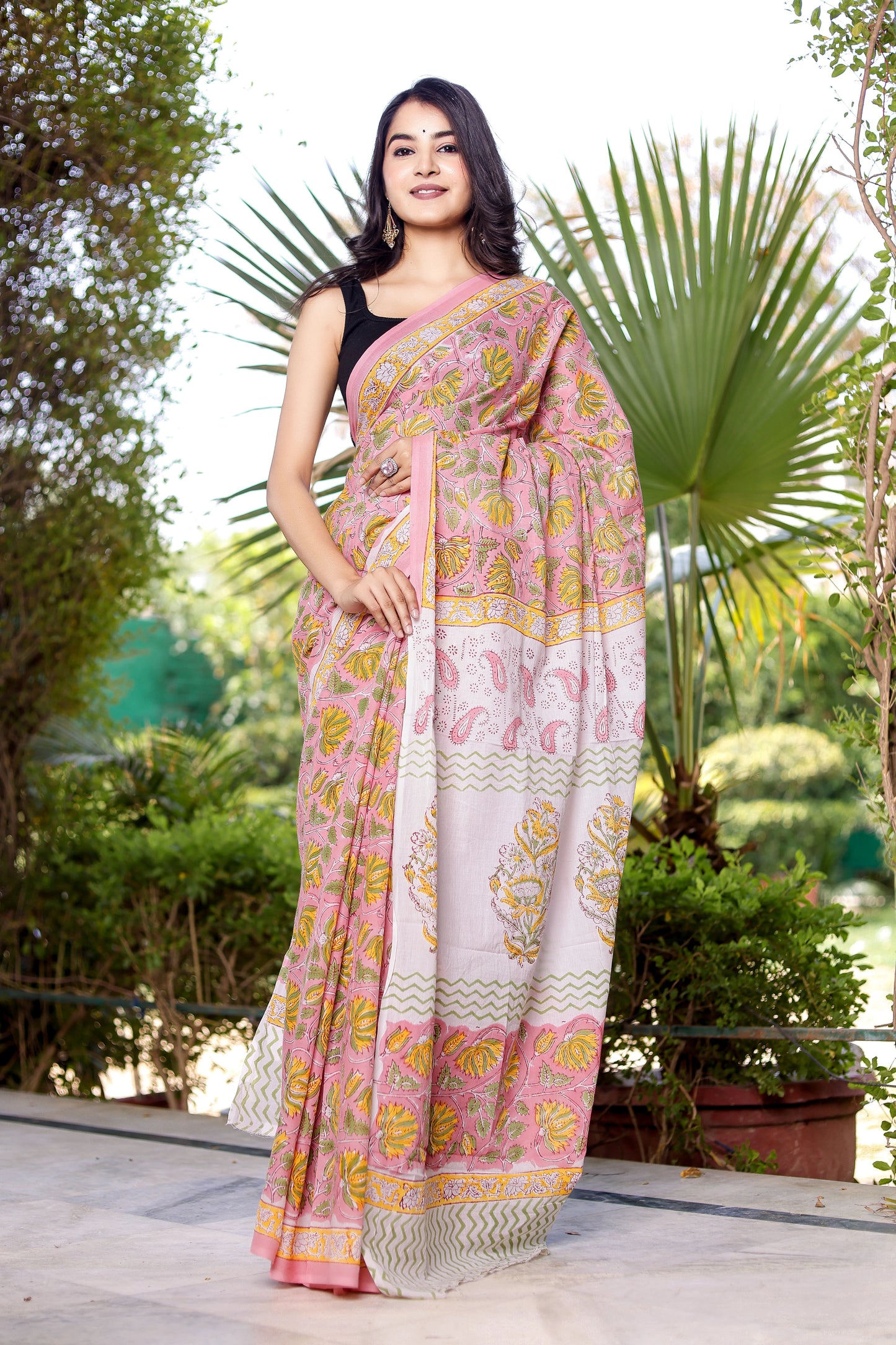 Pink jaal Rapid gadh Hand Block Print Pure Cotton Saree