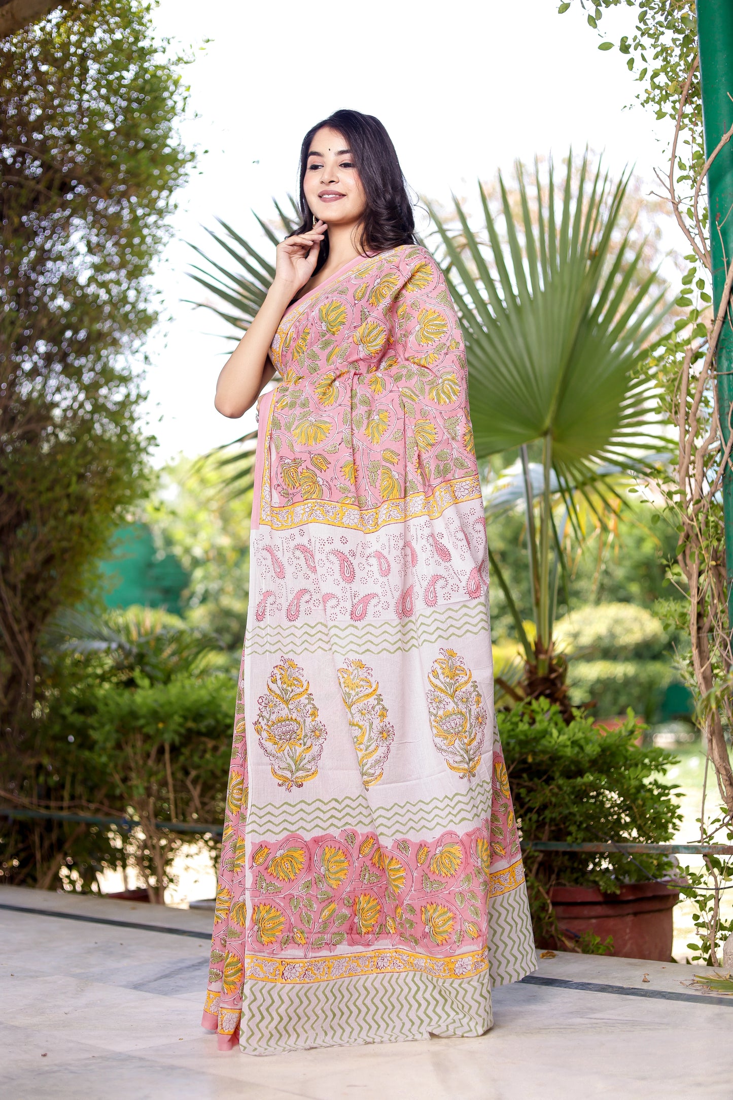Pink jaal Rapid gadh Hand Block Print Pure Cotton Saree