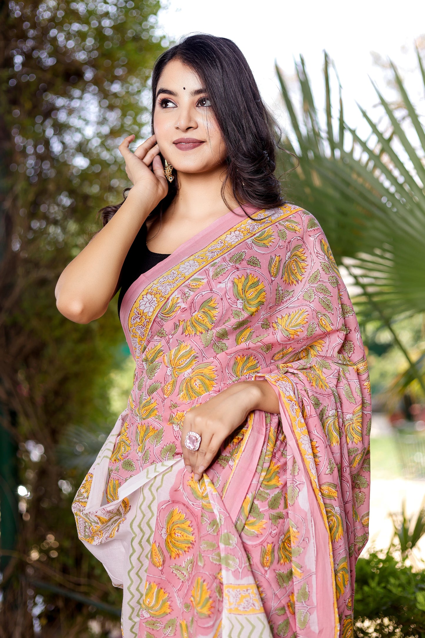 Pink jaal Rapid gadh Hand Block Print Pure Cotton Saree