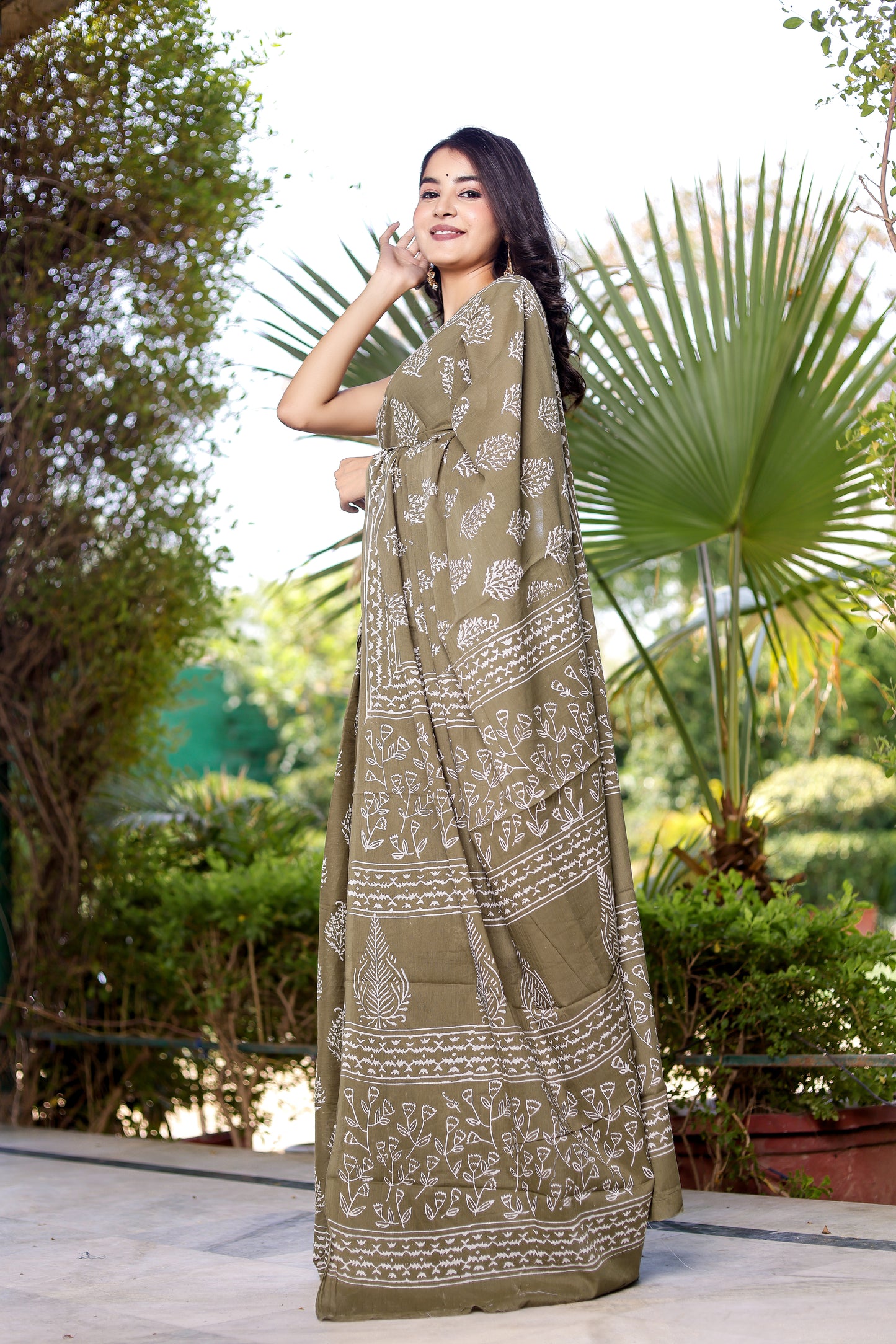 Olive green booti Hand Block Pure Cotton Saree