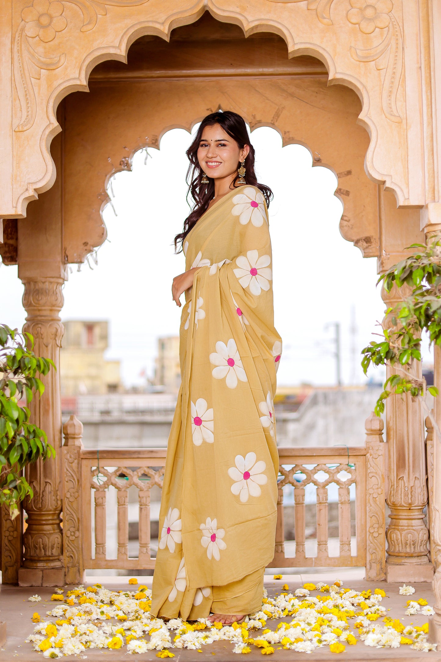 Cheeku floral hand painted mul cotton saree