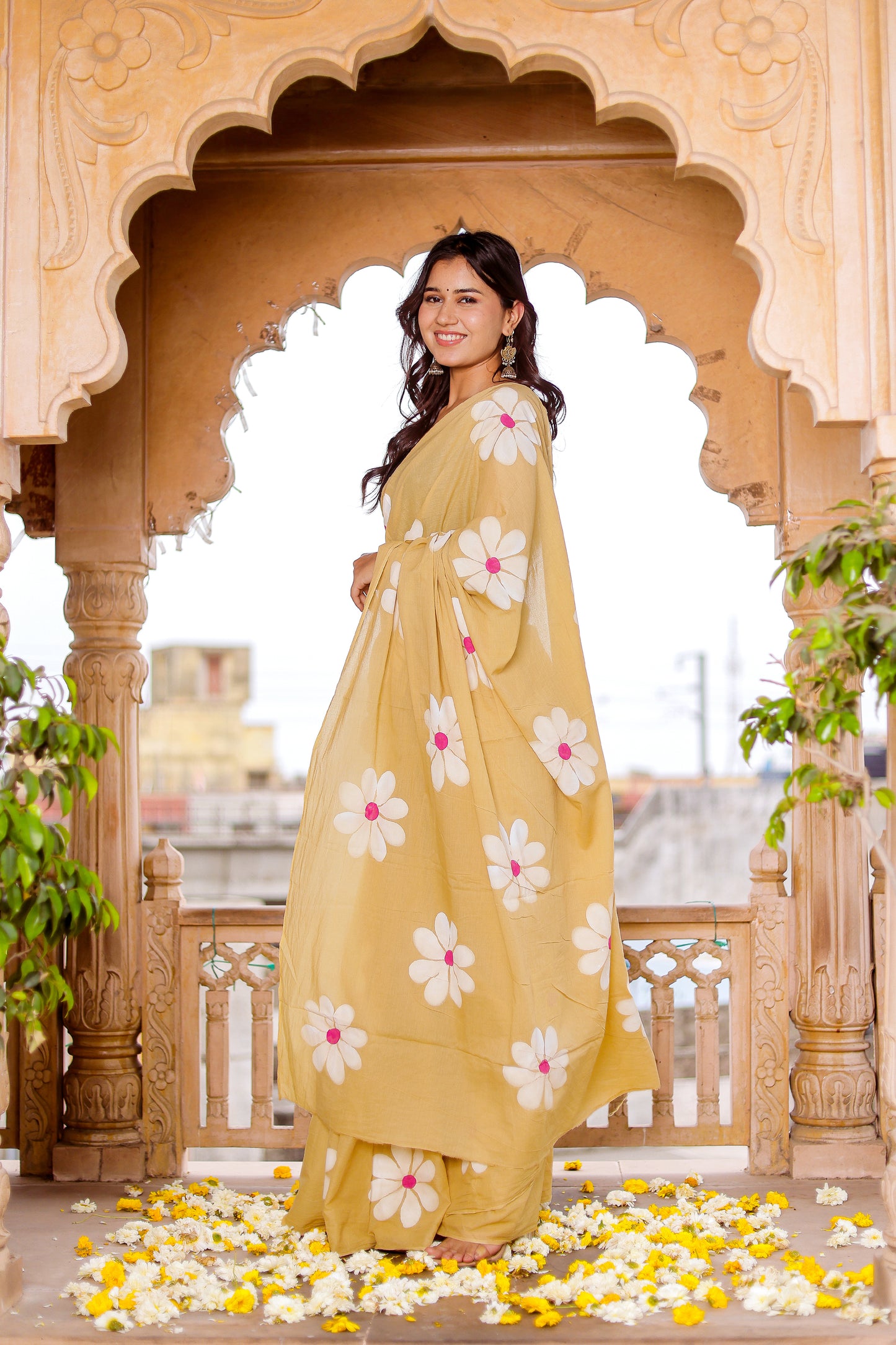 Cheeku floral hand painted mul cotton saree