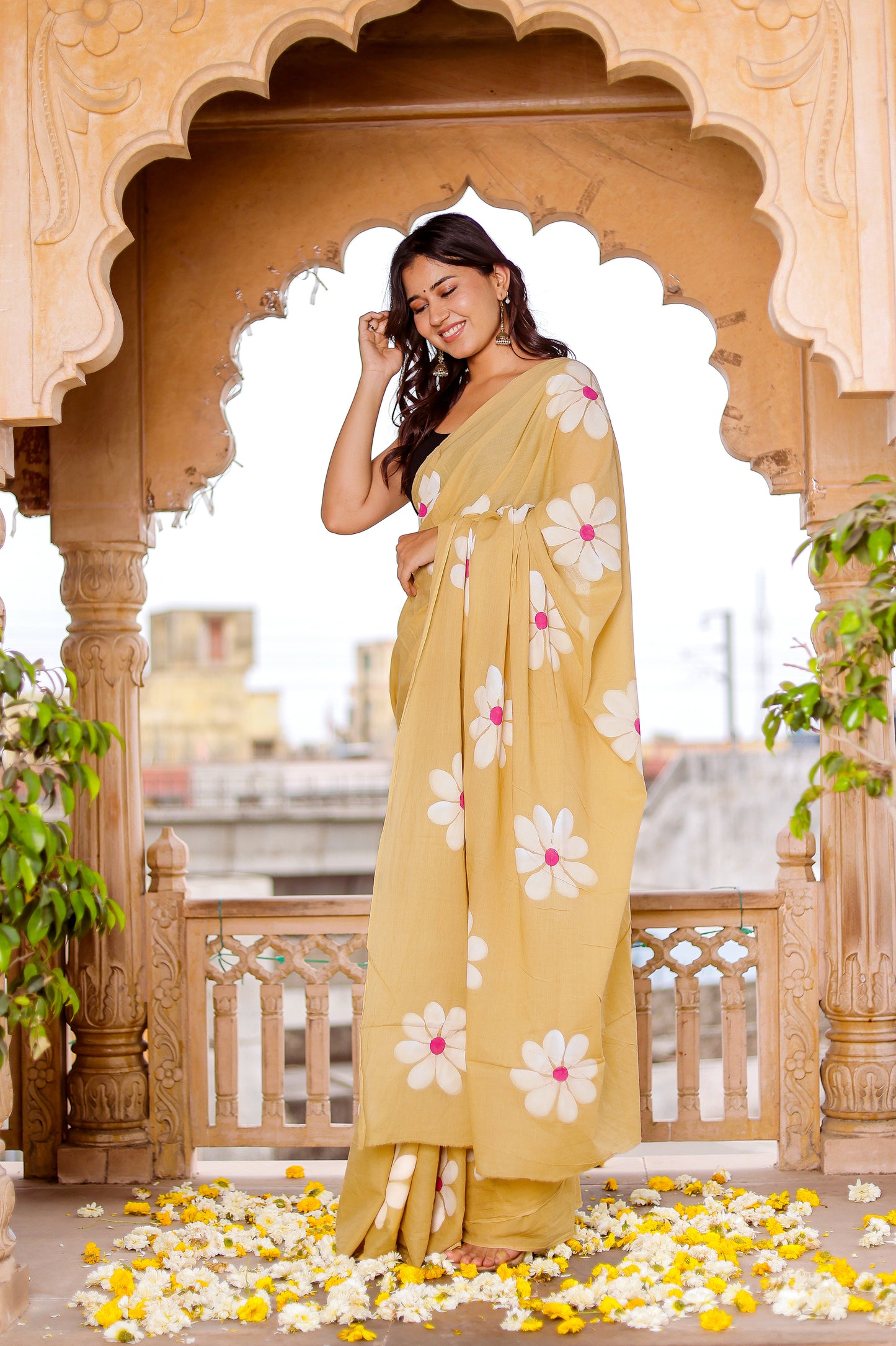 Cheeku floral hand painted mul cotton saree
