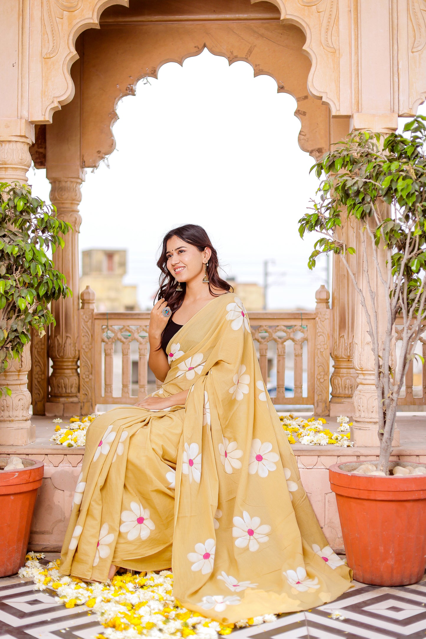 Cheeku floral hand painted mul cotton saree