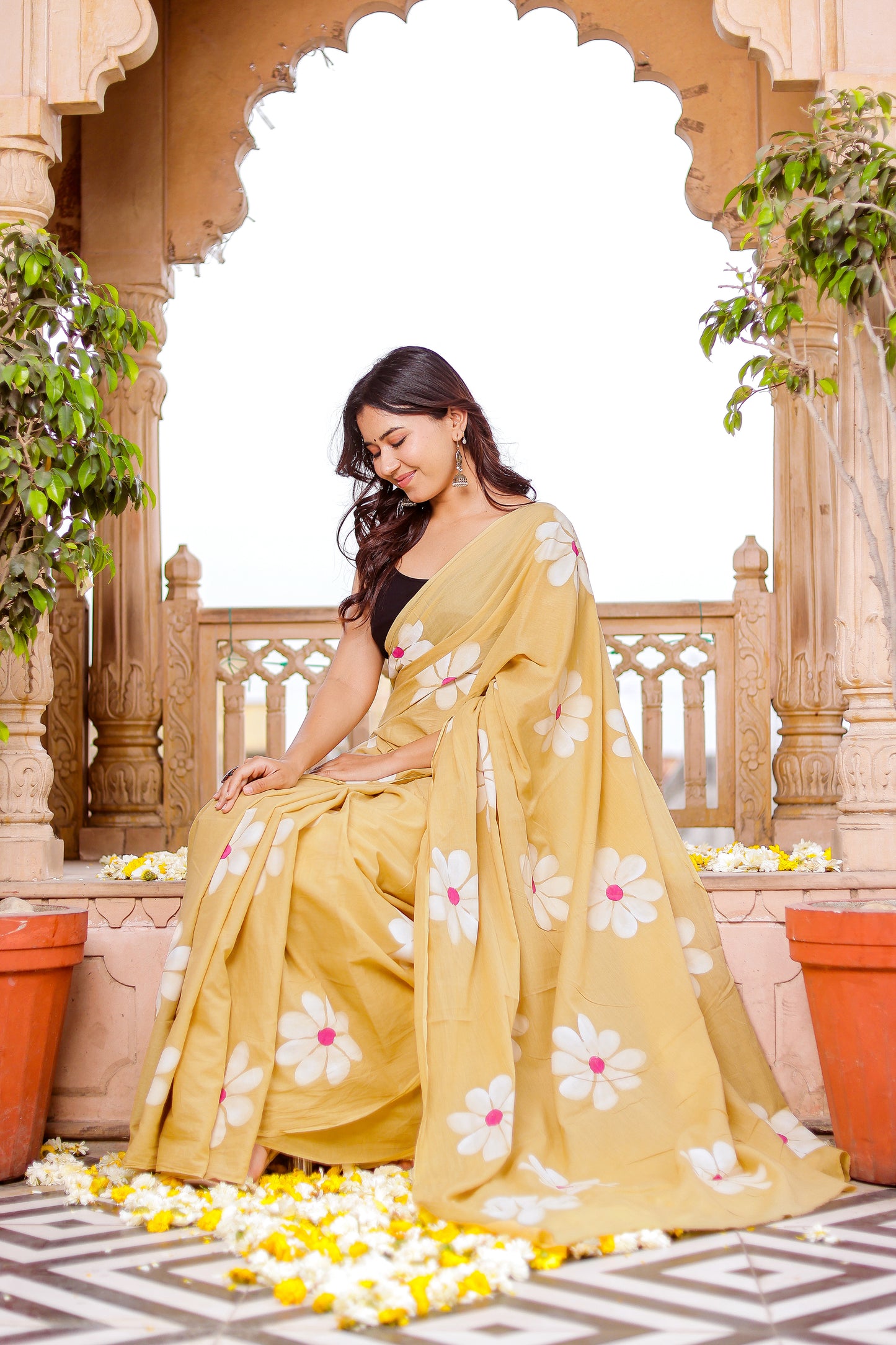 Cheeku floral hand painted mul cotton saree
