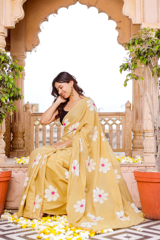 Cheeku floral hand painted mul cotton saree