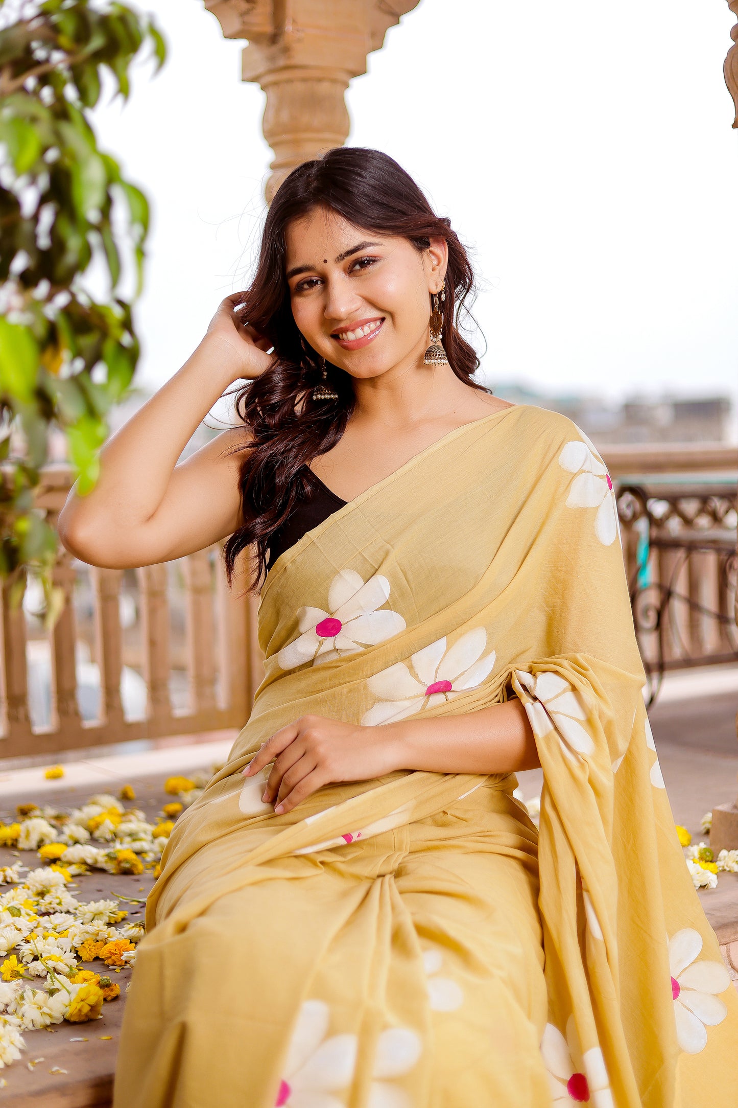 Cheeku floral hand painted mul cotton saree
