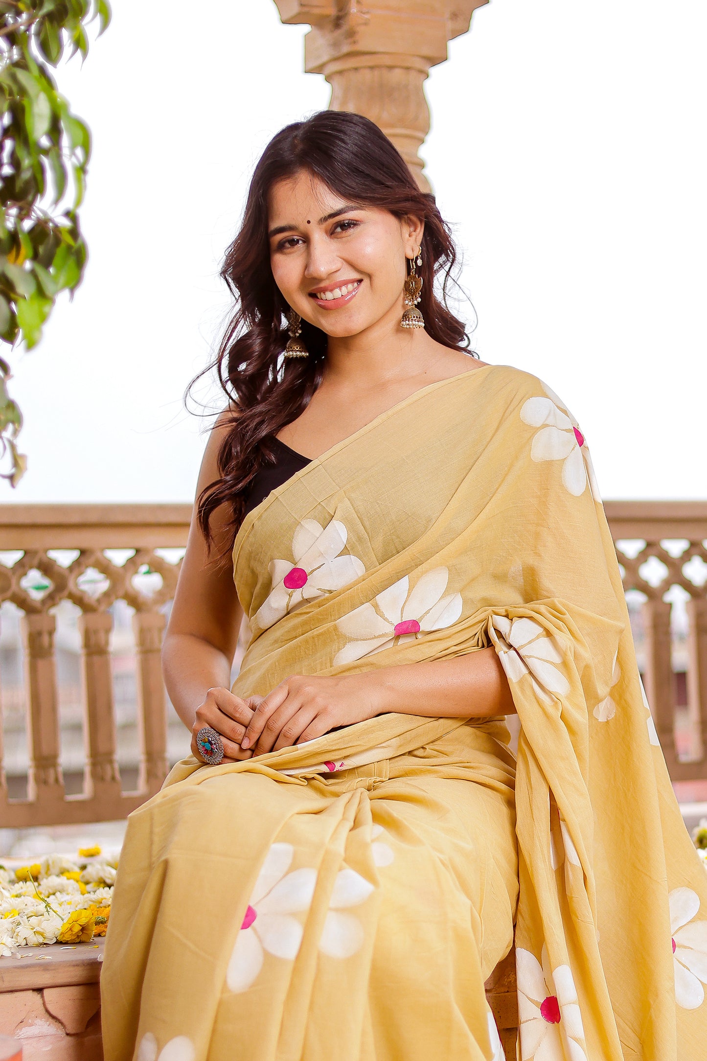 Cheeku floral hand painted mul cotton saree