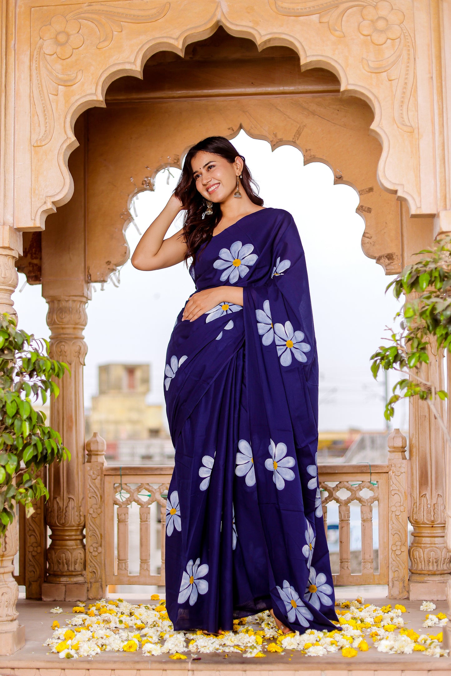 Blue hand painted mul cotton saree