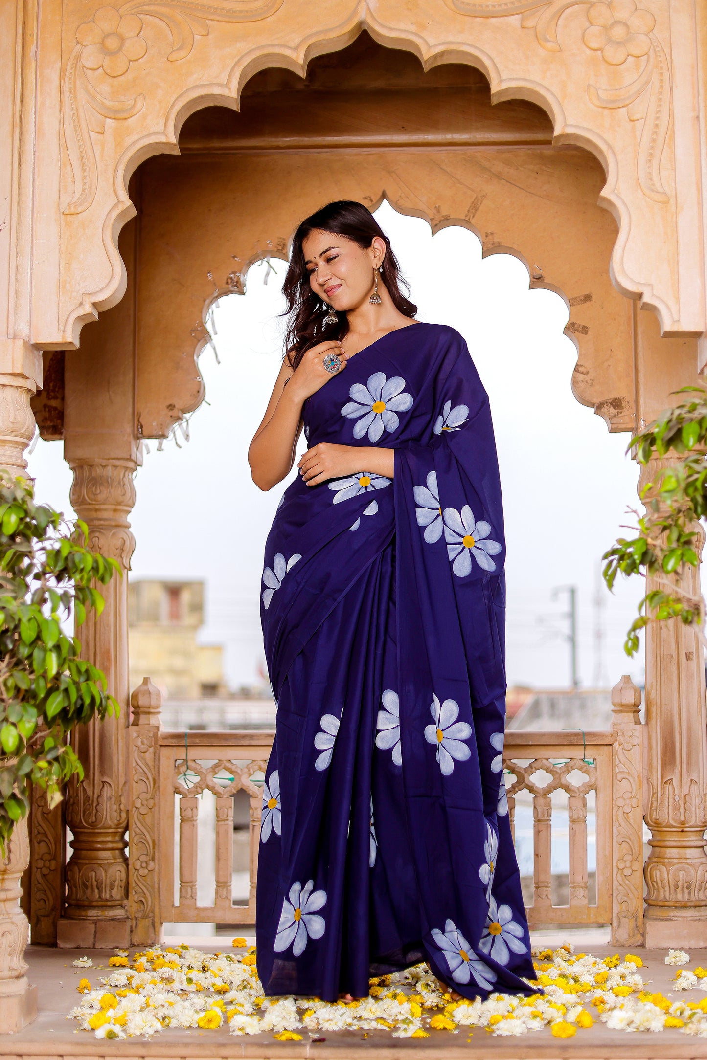 Blue hand painted mul cotton saree