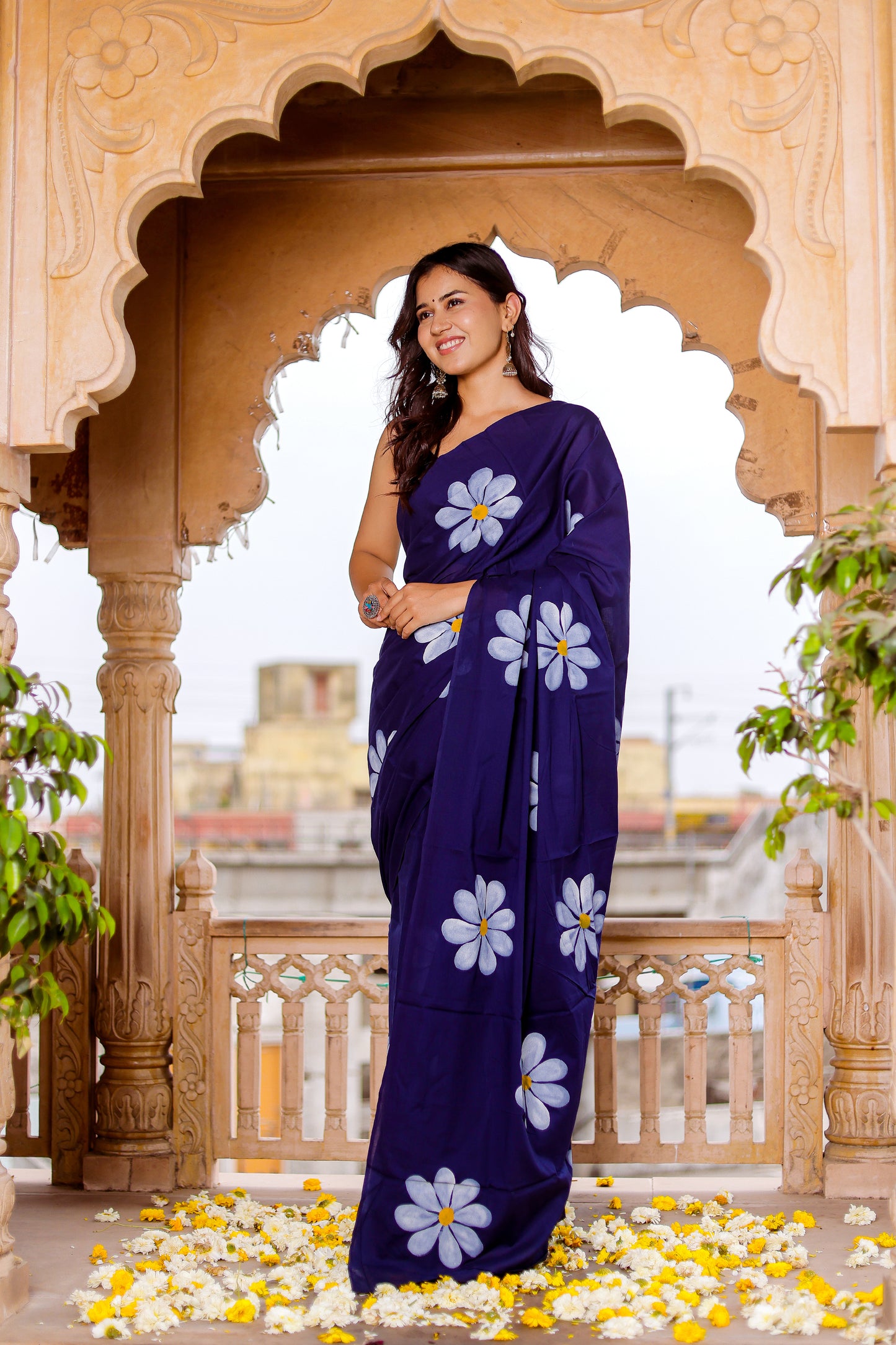 Blue hand painted mul cotton saree
