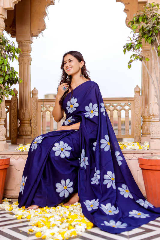Blue hand painted mul cotton saree