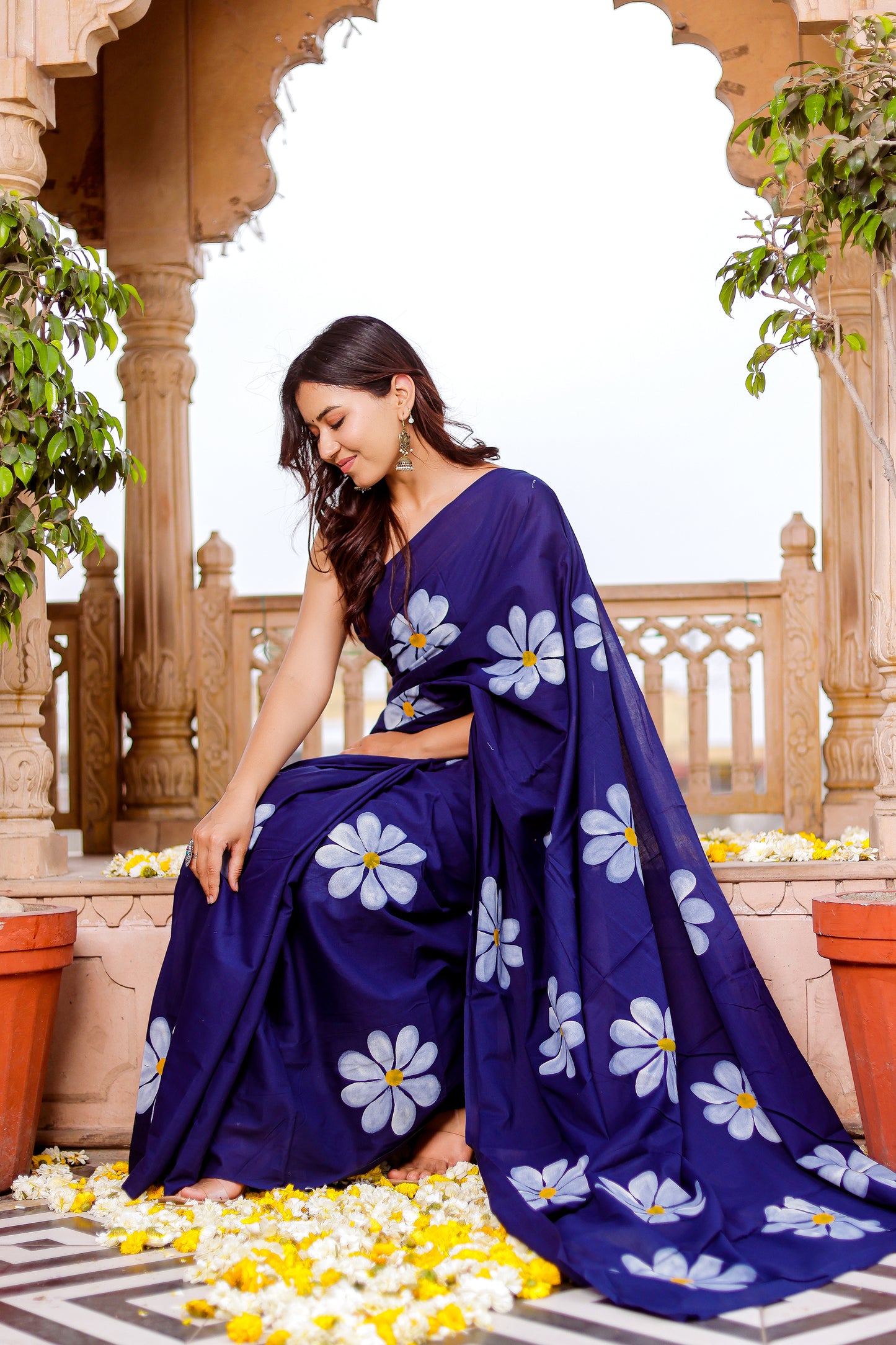 Blue hand painted mul cotton saree