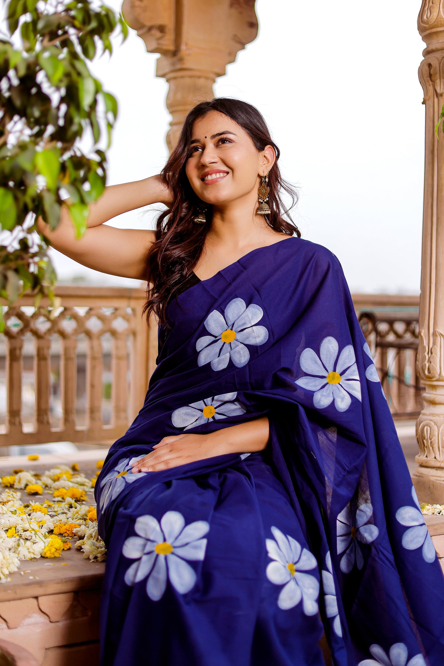 Blue hand painted mul cotton saree