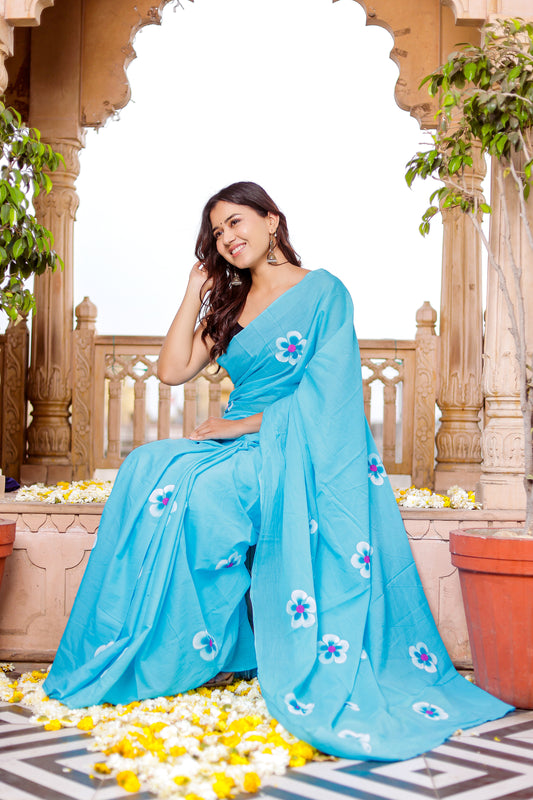 Sky bluish floral hand painted mul cotton saree
