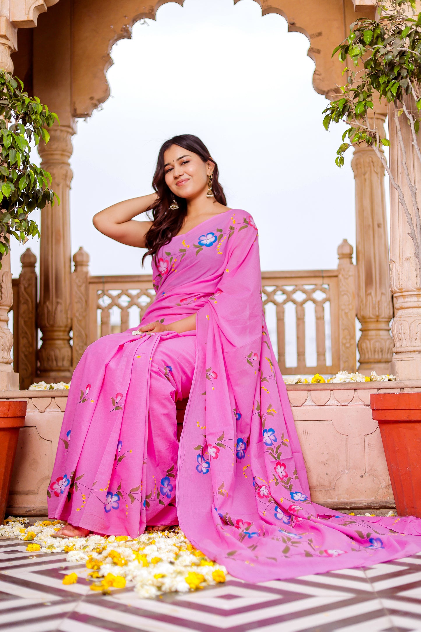 Baby pink floral hand painted mul cotton saree