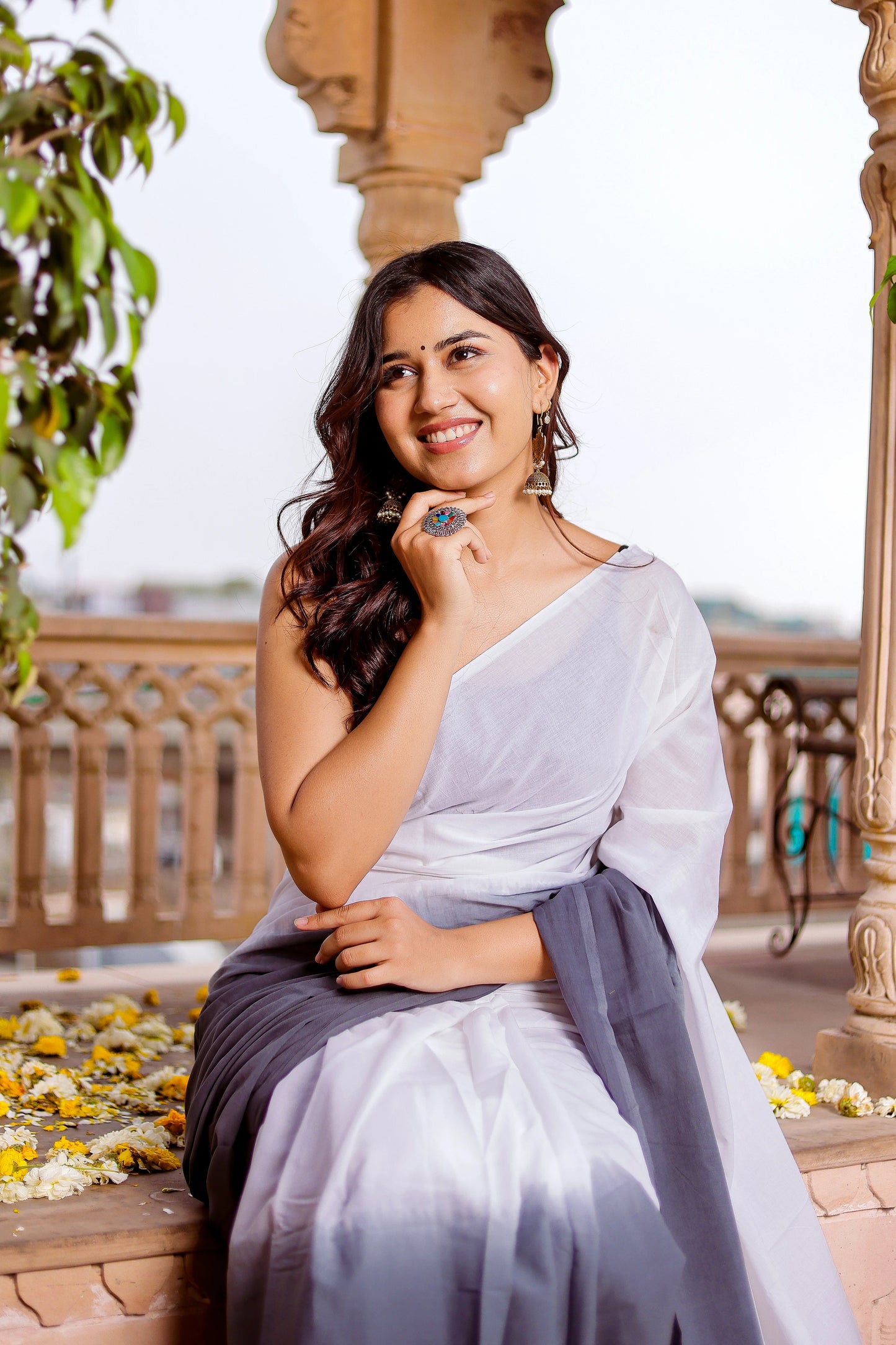 White & Grey base tie dye print cotton saree