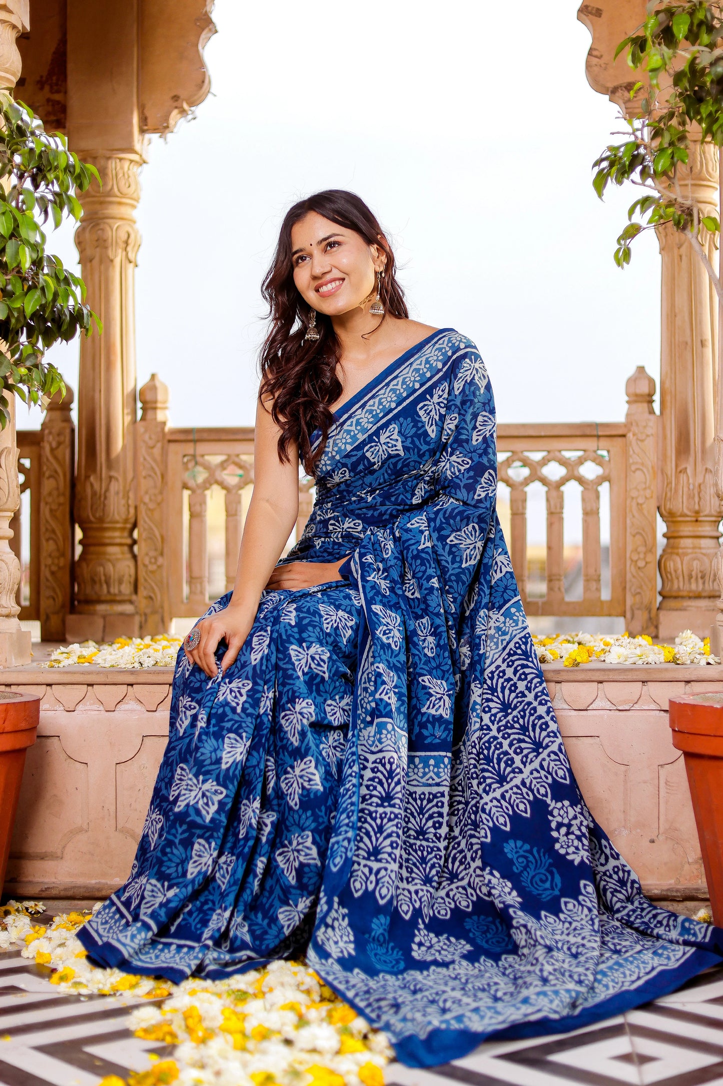 Butterfly Indigo Block Print Pure Cotton Saree