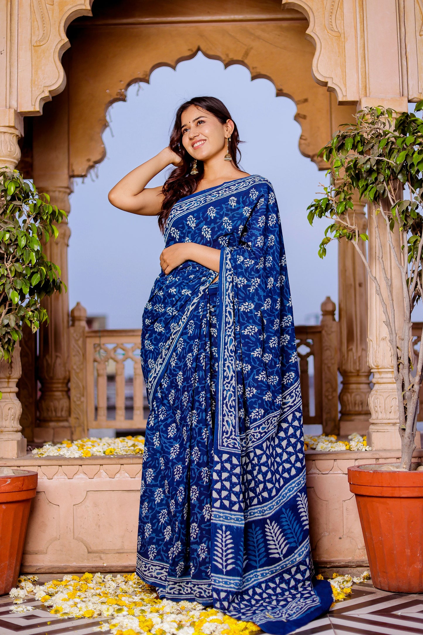 Indigo Daabu Booti Block Print Pure Cotton Saree