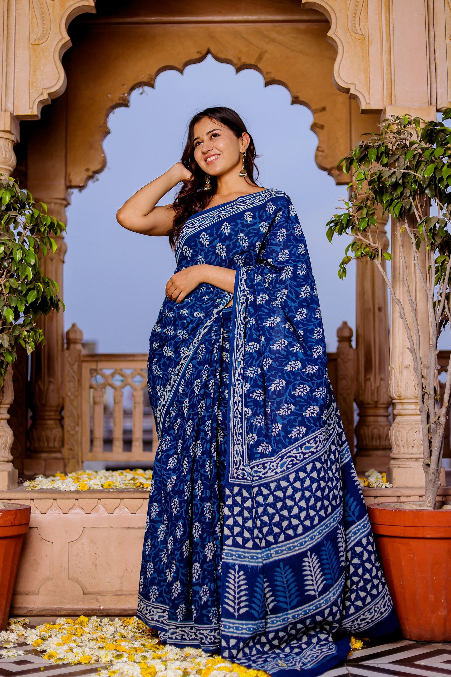 Indigo Daabu Booti Block Print Pure Cotton Saree