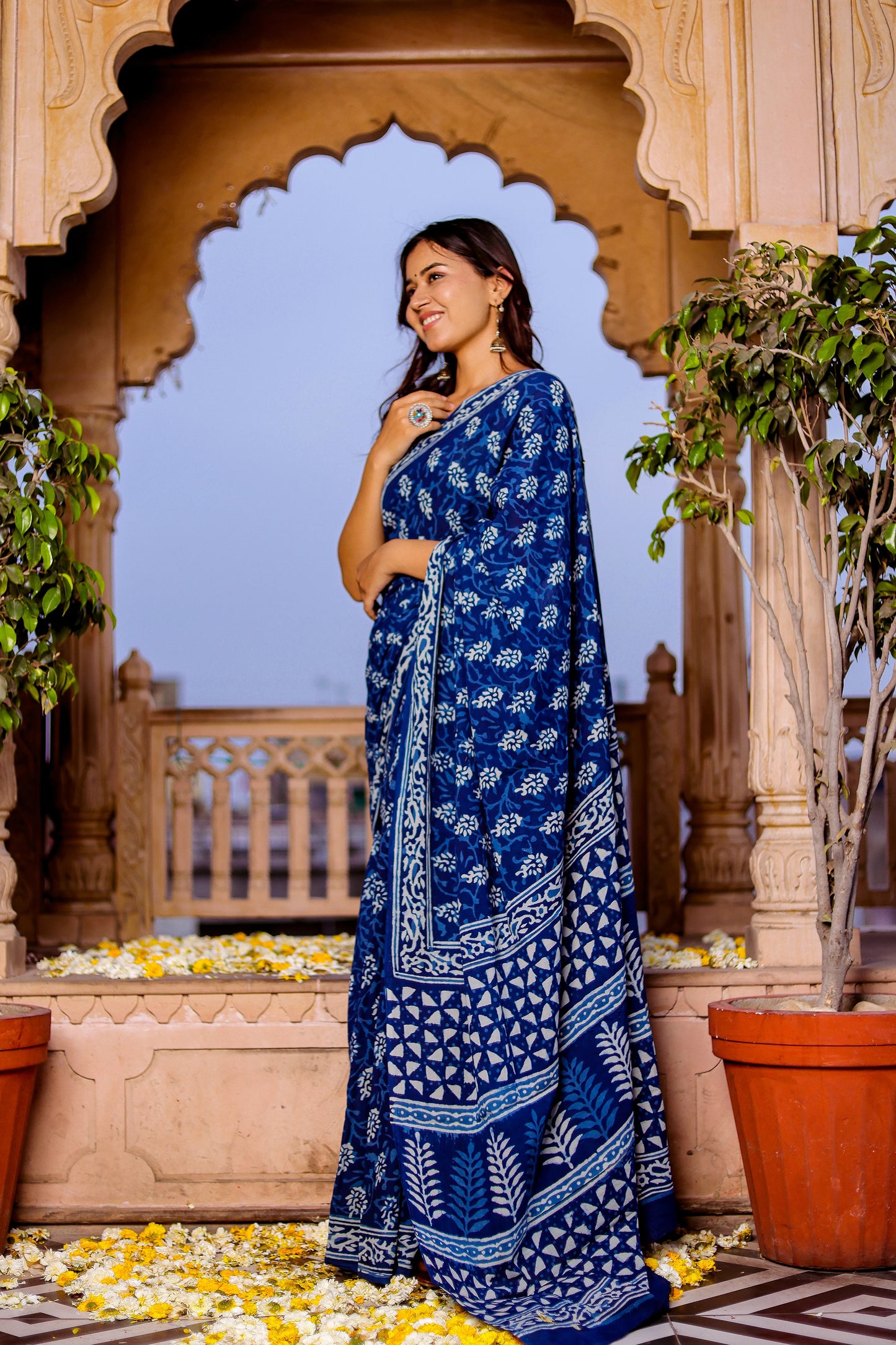 Indigo Daabu Booti Block Print Pure Cotton Saree
