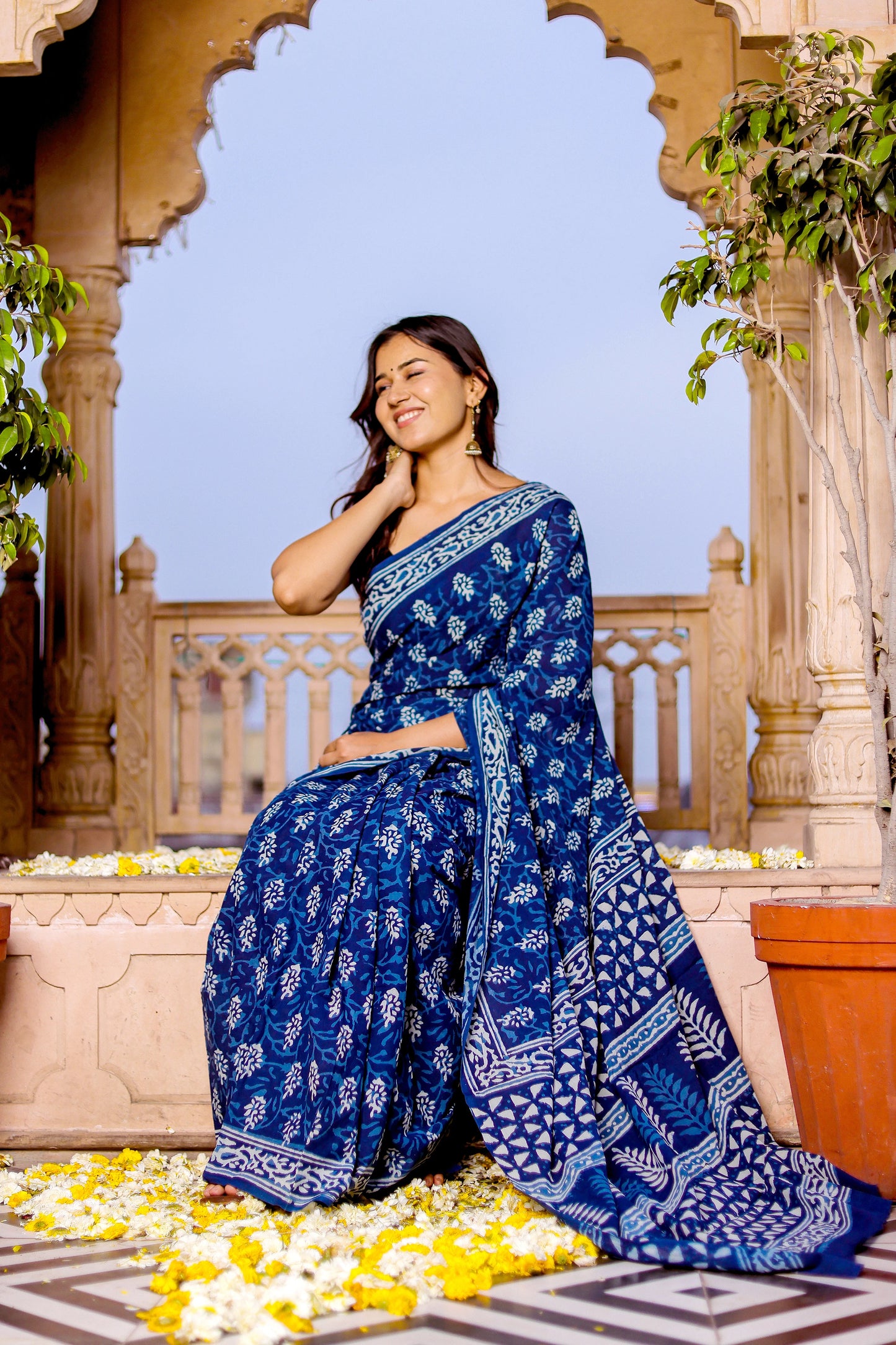 Indigo Daabu Booti Block Print Pure Cotton Saree