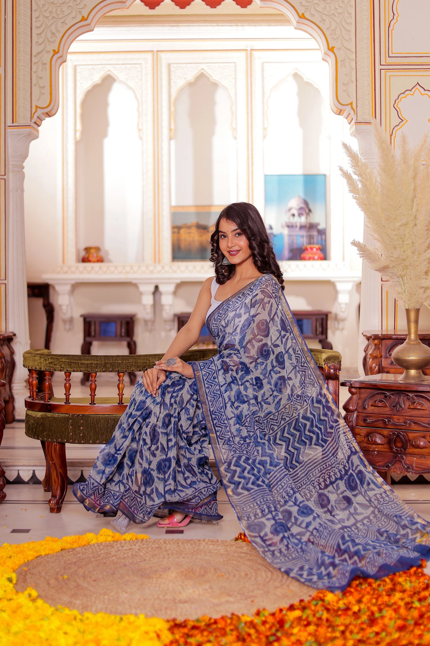 Indigo Flower Block Printed Pure Kota Doria Saree