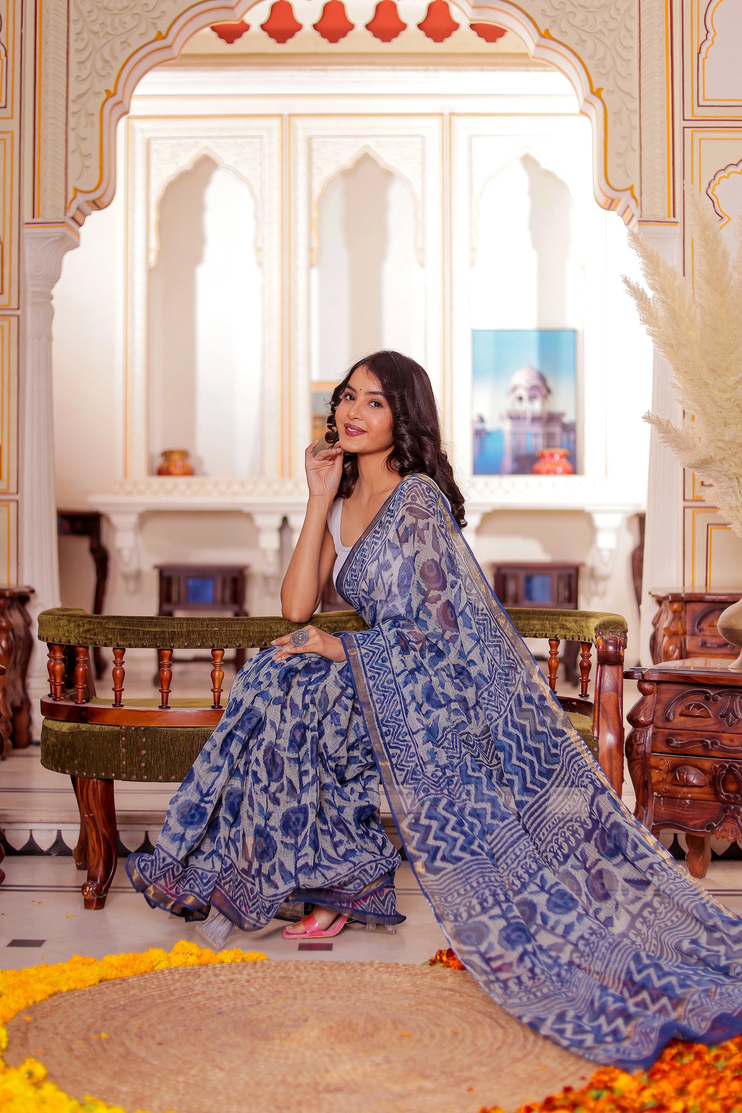 Indigo Flower Block Printed Pure Kota Doria Saree