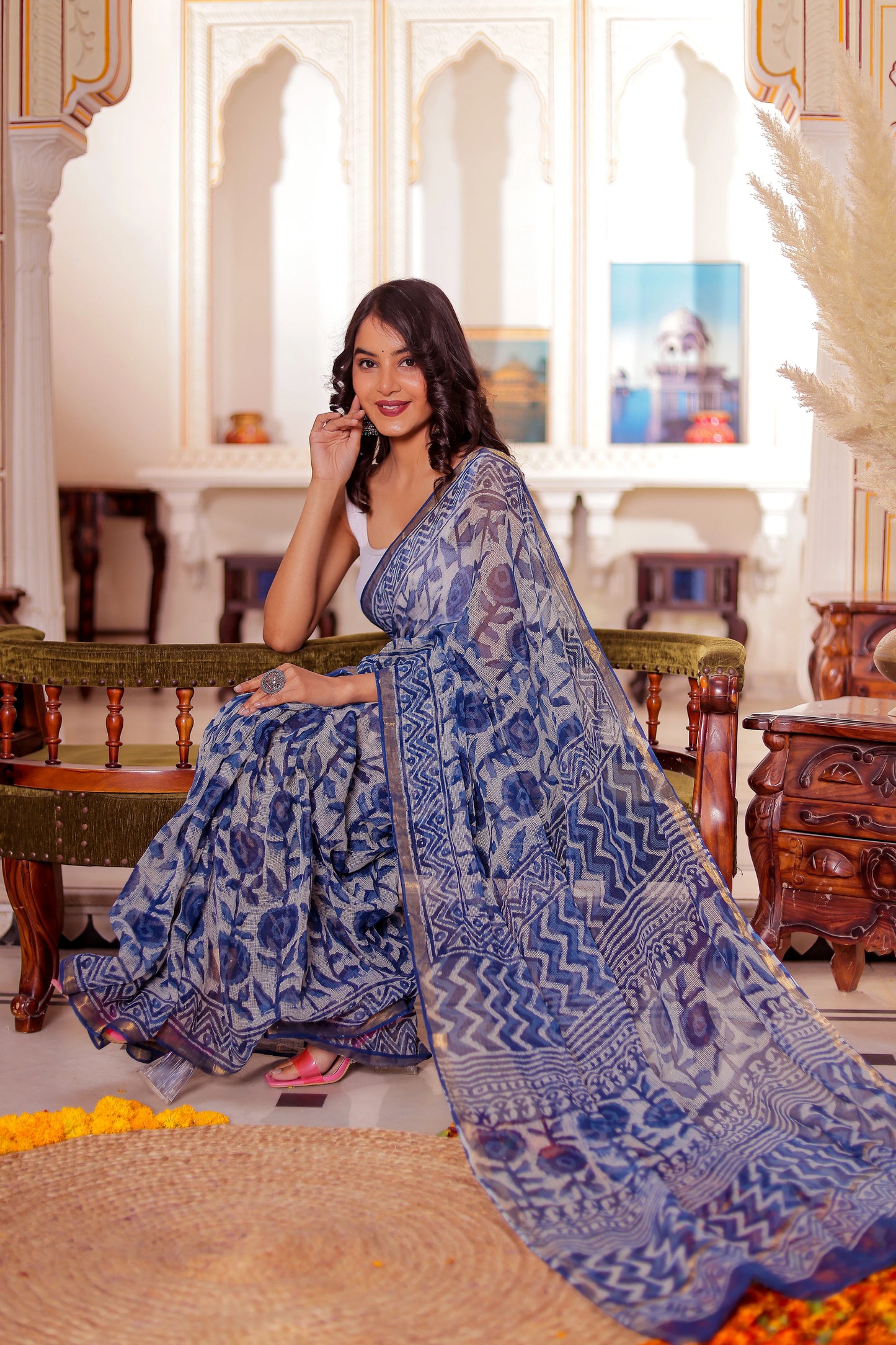 Indigo Flower Block Printed Pure Kota Doria Saree