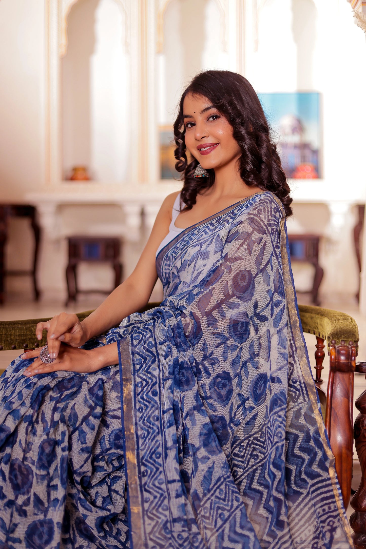 Indigo Flower Block Printed Pure Kota Doria Saree